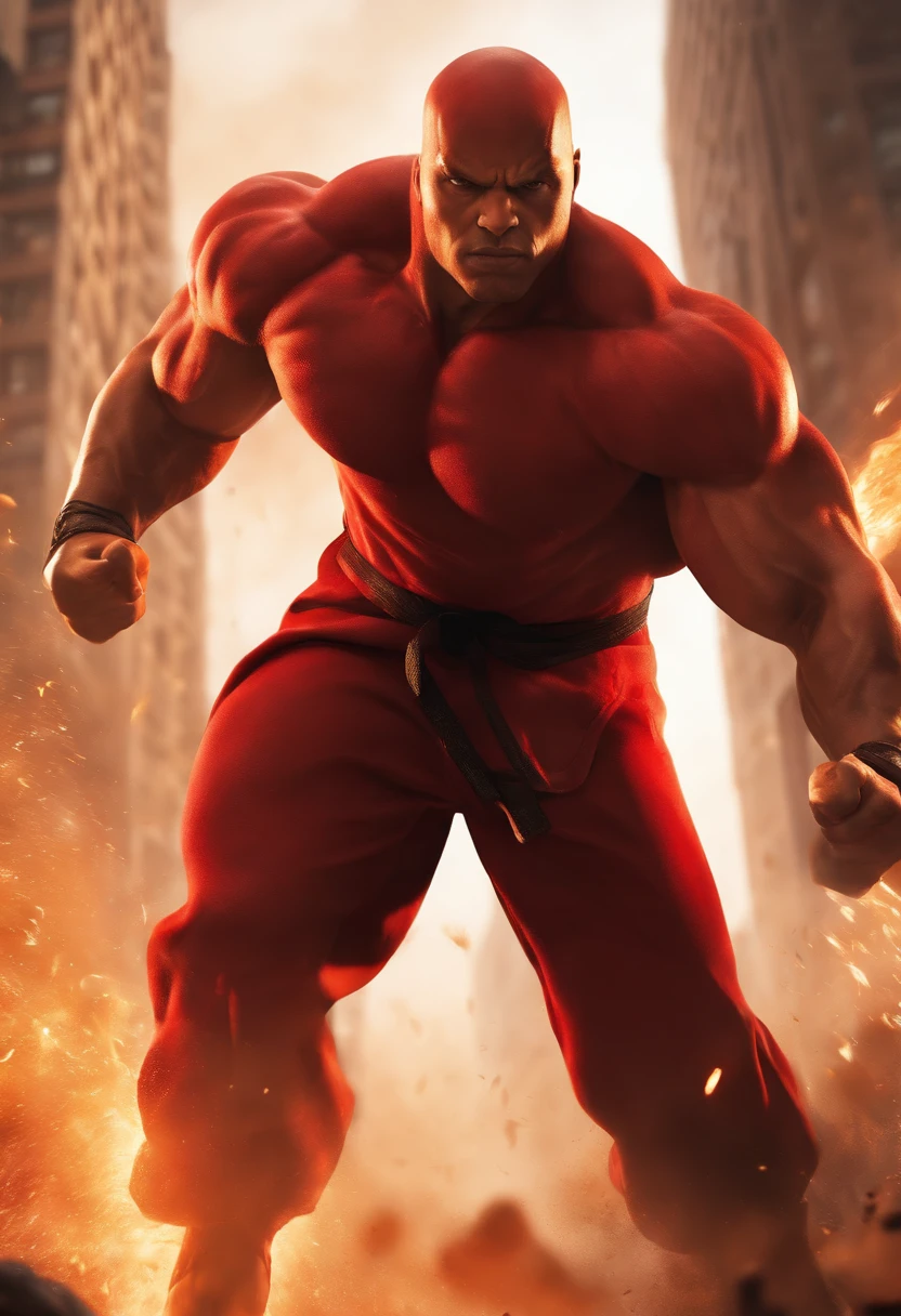 (best quality,4k,8k,highres,masterpiece:1.2),ultra-detailed,(realistic,photorealistic,photo-realistic:1.37),young-looking man with,red clothing,powerful red energy emanating from his hands Marvel-style,street fighter battlescene,raging fire explosion,heroic pose,ripped muscles,engaged in an epic fight,amazing special effects,crackling electricity,expressive face,concentration and determination,background destruction,urban setting,tall buildings,smoke-filled streets,late sunset lighting,grandiose and intense atmosphere,action-packed scene,vivid colors,superhuman strength,powerful impact,fast-paced movements,heroic statue-like figure,comic book-inspired style,dynamic and energetic illustration.