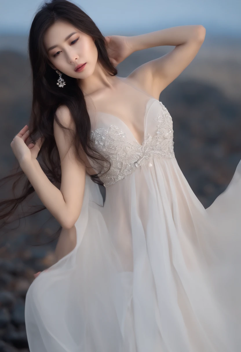A dark-haired, japanes, 35 year old, long hair to the chest, Raising both hands ,White back, white-blue, Tifer Neckline, Beautiful as a model, Beauty, skiny, thin arm,Black camisole,no brassiere