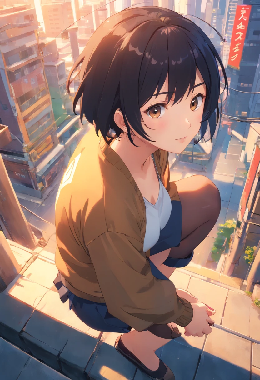 (Best quality, 8k, 32k, Masterpiece, UHD:1.2),Photo of Pretty Japanese woman,black short hair,beauty face,(leaning forward:1.3),squatting,(from above:1.2),(close up:1.4),pov,loose t-shirt,large breasts,(beautiful nipple slip:0.9),outdoors,windy,shiny skin,blurry background,