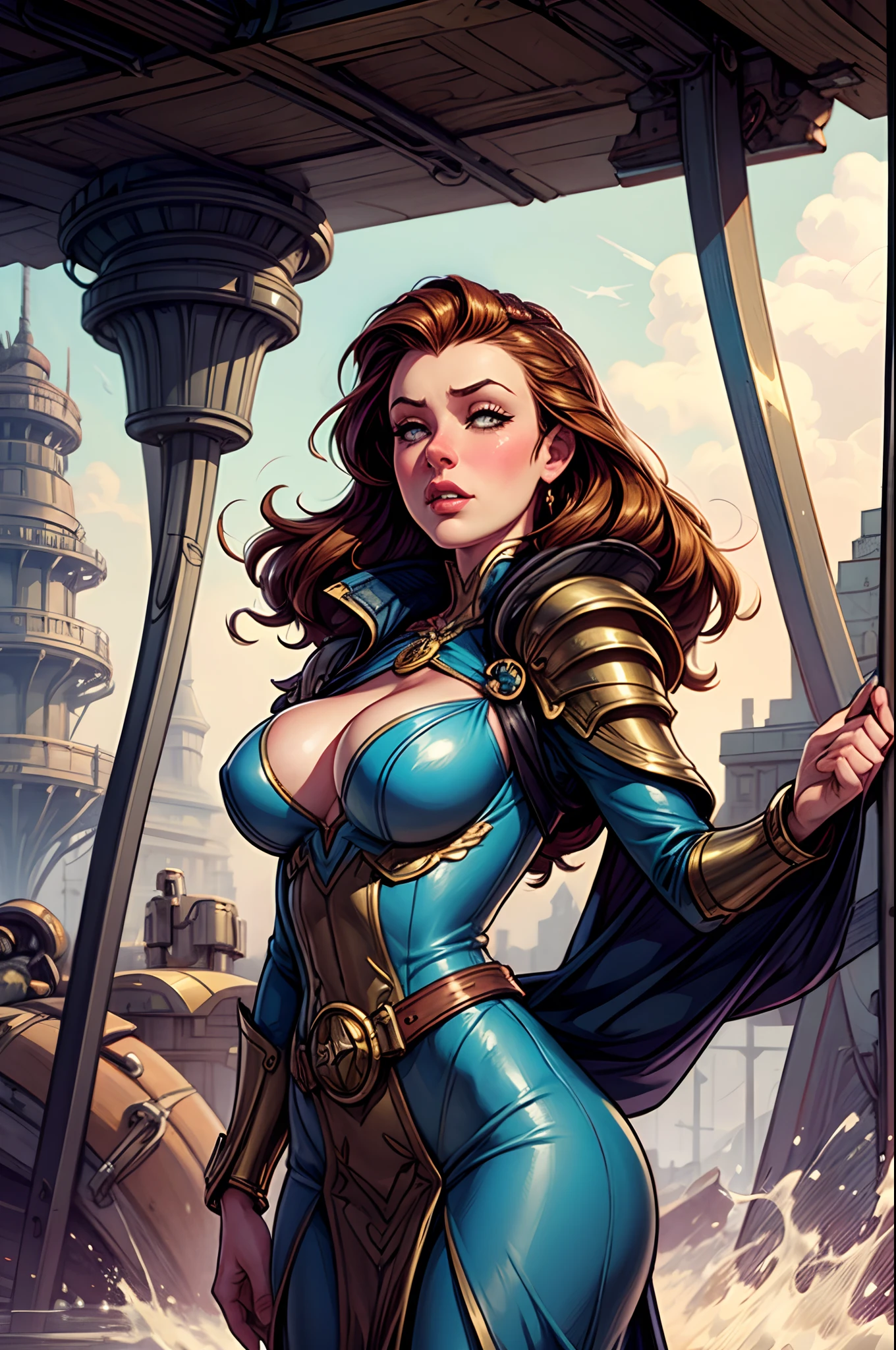 there is a woman in a futuristic dress standing in front of a bunch of people, large dieselpunk flying airships, dribbble, inspired by Gil Elvgren, fantasy paladin woman, inspired by Mark Brooks, [ bubbles, portrait of helen of troy, sci - fi : :, golden armour