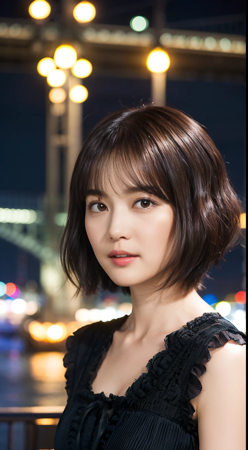 41
(Airy wavy short bob cut:1.23), (a 25yo woman), (A hyper-realistic), (masutepiece), (8KUHD), Being in the harbor at night, Medium chest