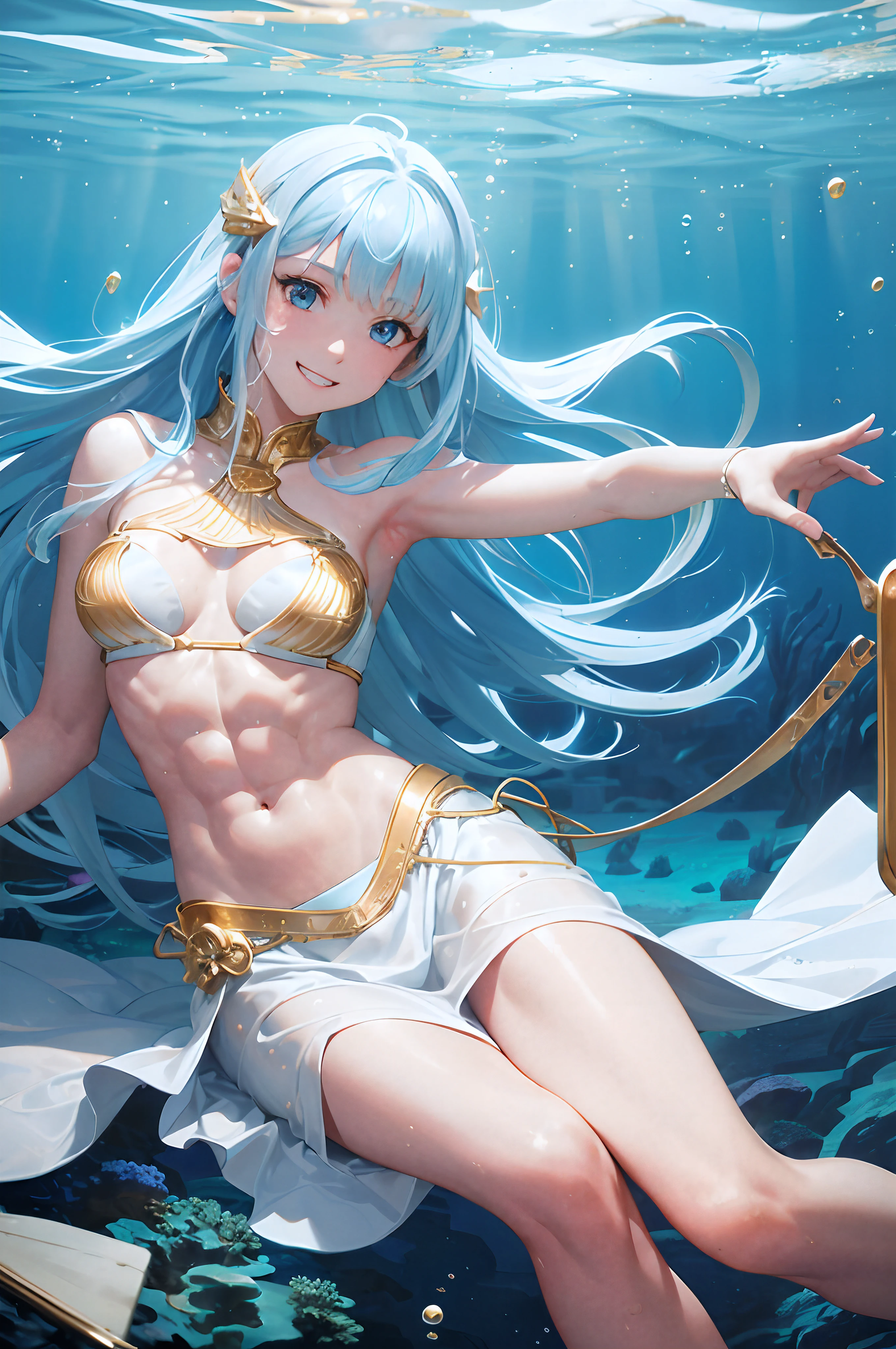 masterpiece, highest quality, 1girl, (light blue hair:1.4), long hair, straight hair, white bikini, (abs:1.4), blue eyes, grin, skinny, white long skirt, small breasts, (underwater:1.5), (gold:1.3)