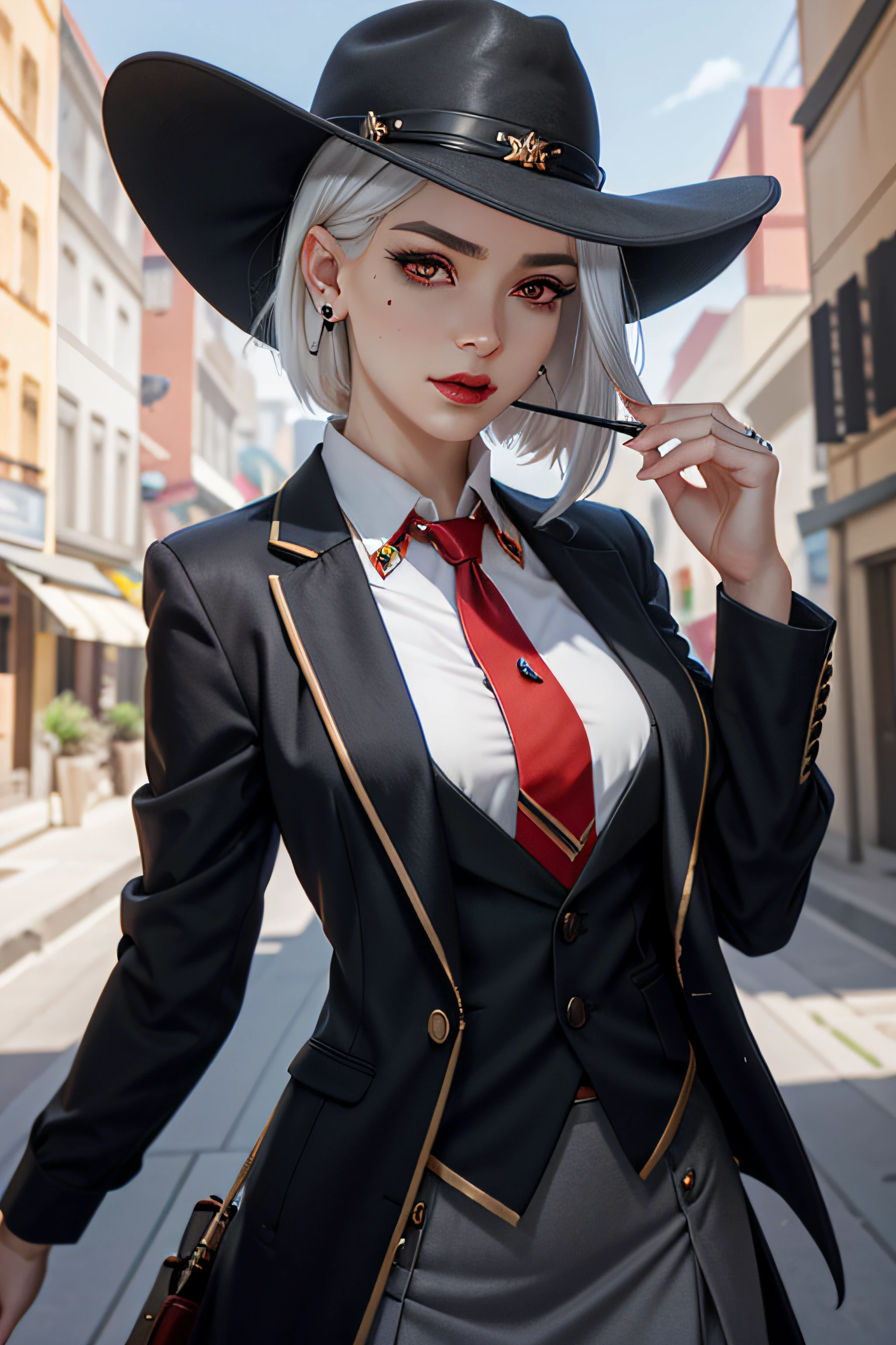 AsheOver, 1girl, solo, hat, mole above mouth, earrings, red eyes, jewelry, cowboy hat, makeup, lipstick, looking at viewer, necktie, white hair, asymmetrical hair, blurry, food, red necktie, stud earrings, mole, blurry background, red lips, nose, day, shirt, skirt suit, (((three-piece suit))), necktie, blazer, suit jacket, waistcoat, bodycon skirt, lips, mouth hold, eyeshadow, portrait, depth of field, short hair, outdoors, mascara, medium hair