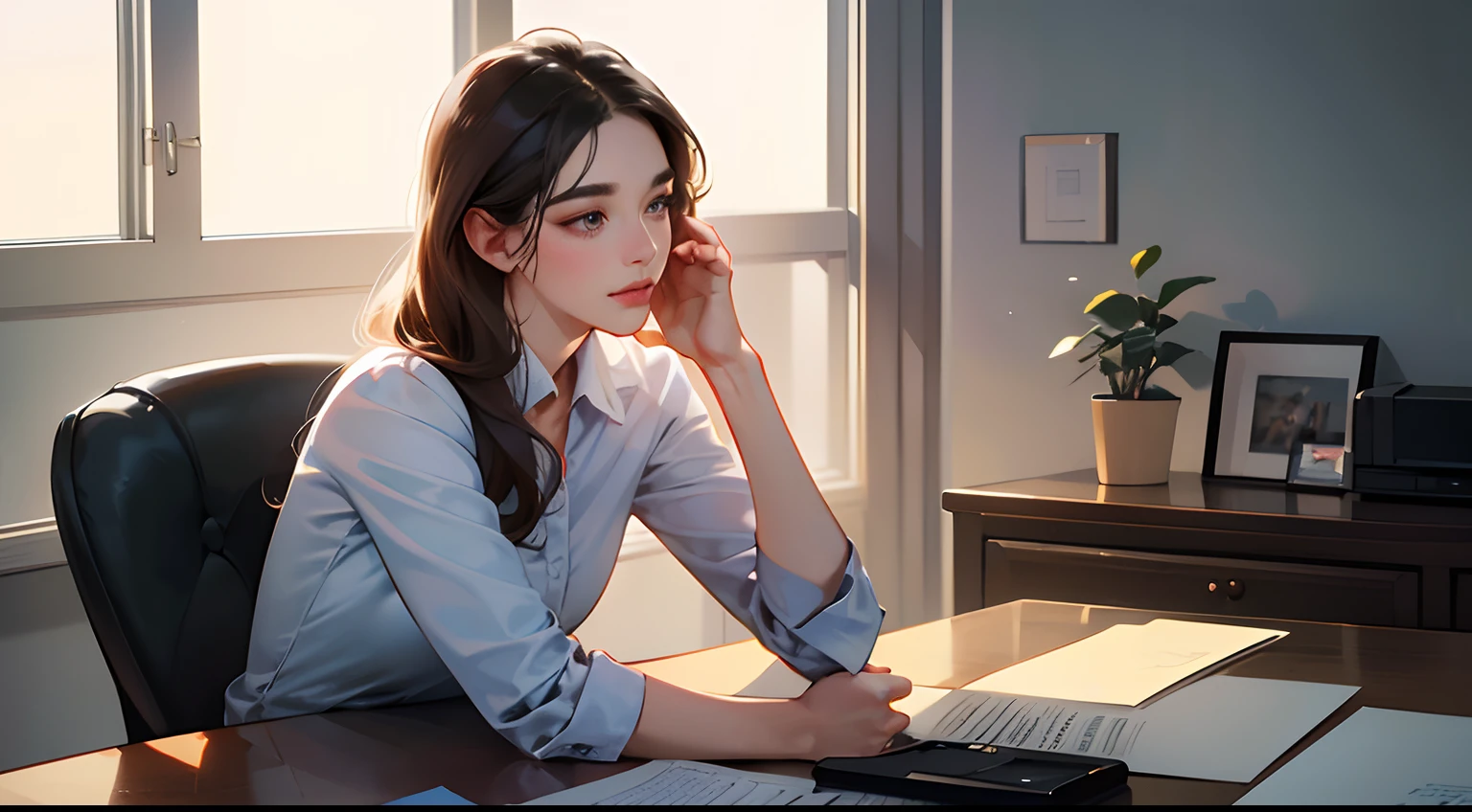 (best quality, 4k, 8k, photorealistic), a 25 year old woman, secretary, respectfully greeting her boss, a 28 year old man, handsome, photorealistic, best quality, (digital art, illustration, high quality, ultra-detailed, 8k, soft lighting, daytime, office setting)
