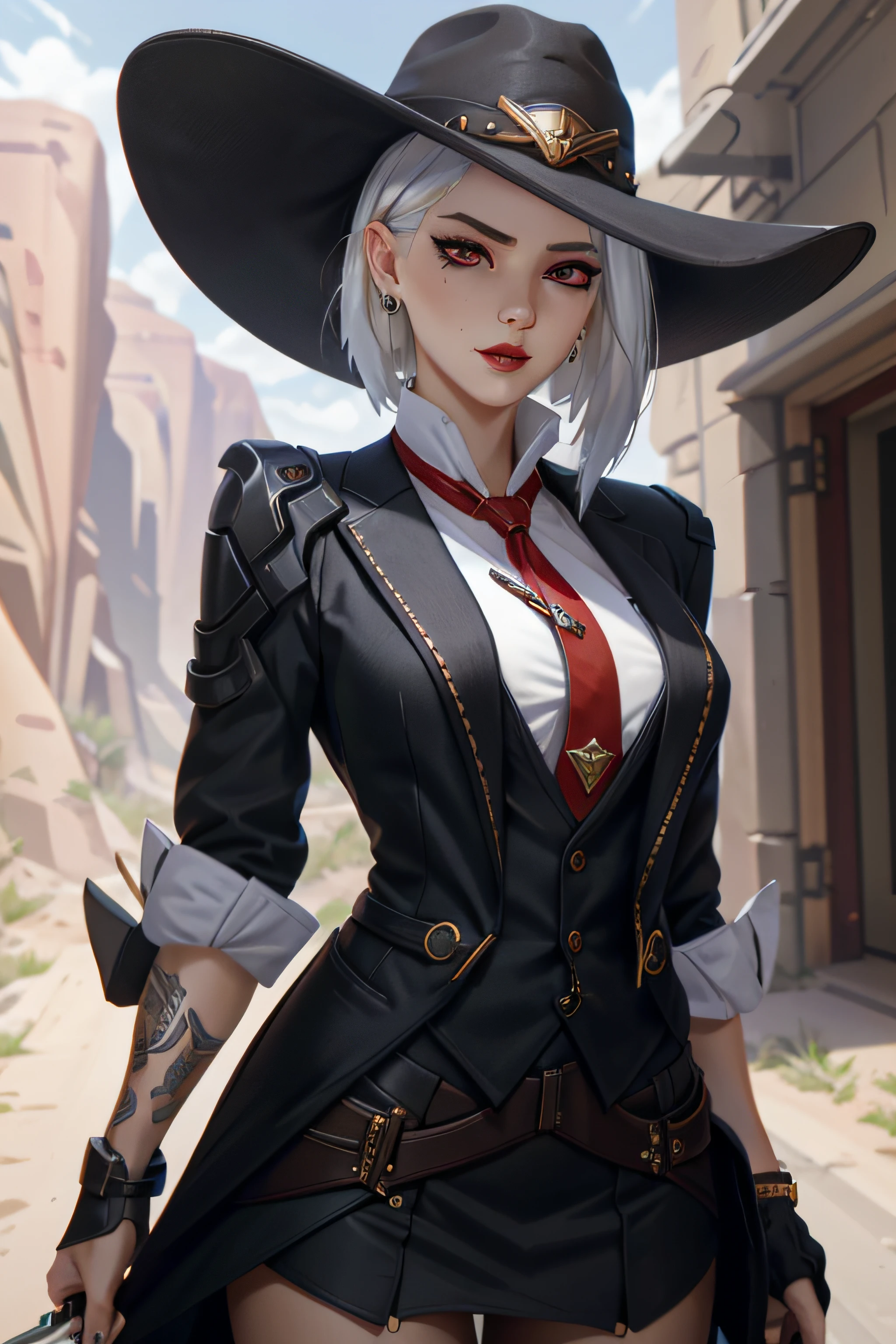 AsheOver, solo, hat, mole above mouth, earrings, red eyes, jewelry, cowboy hat, makeup, lipstick, looking at viewer, necktie, white hair, asymmetrical hair, blurry, food, red necktie, stud earrings, mole, intricate background, red lips, nose, day, shirt, neckline, upper body, lips, mouth hold, eyeshadow, portrait, depth of field, short hair, outdoors, mascara, medium hair, dinamic pose, hourglass body shape, intricatedetails