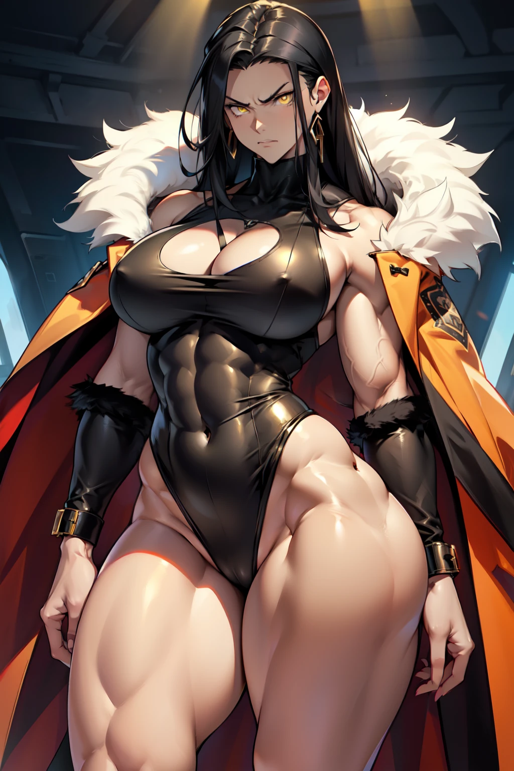 1girl black hair yellow eyes very long hair pale skin angry (((muscular toned body thick thighs large breasts curvy wide hips))) (fur coat) bodybuilder