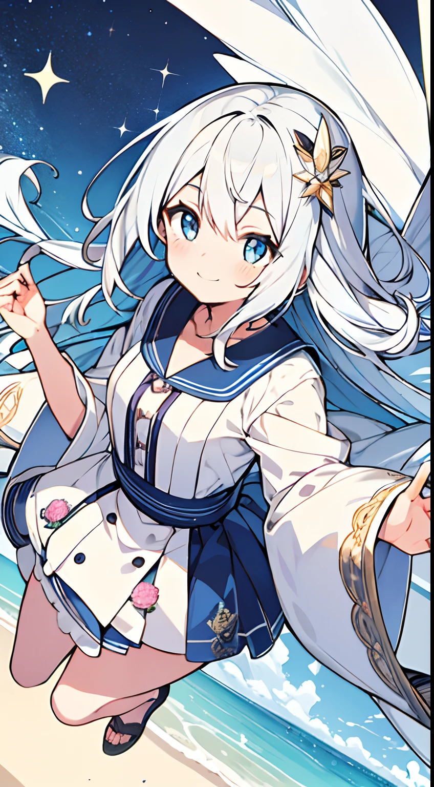 0(hyper extreme detailed),(masterpeace),(hyper extreme),(photorealistic),CG,llustration,novel illustration,1girl, <lora:WhiteCUL_v1:1>WhiteCUL,sky hair,blue eyes,hair ornament,white dress,miniskirt,sleeveless,detached sleeves,obi,thigh strap,blue thighhighs,geta,white skin,