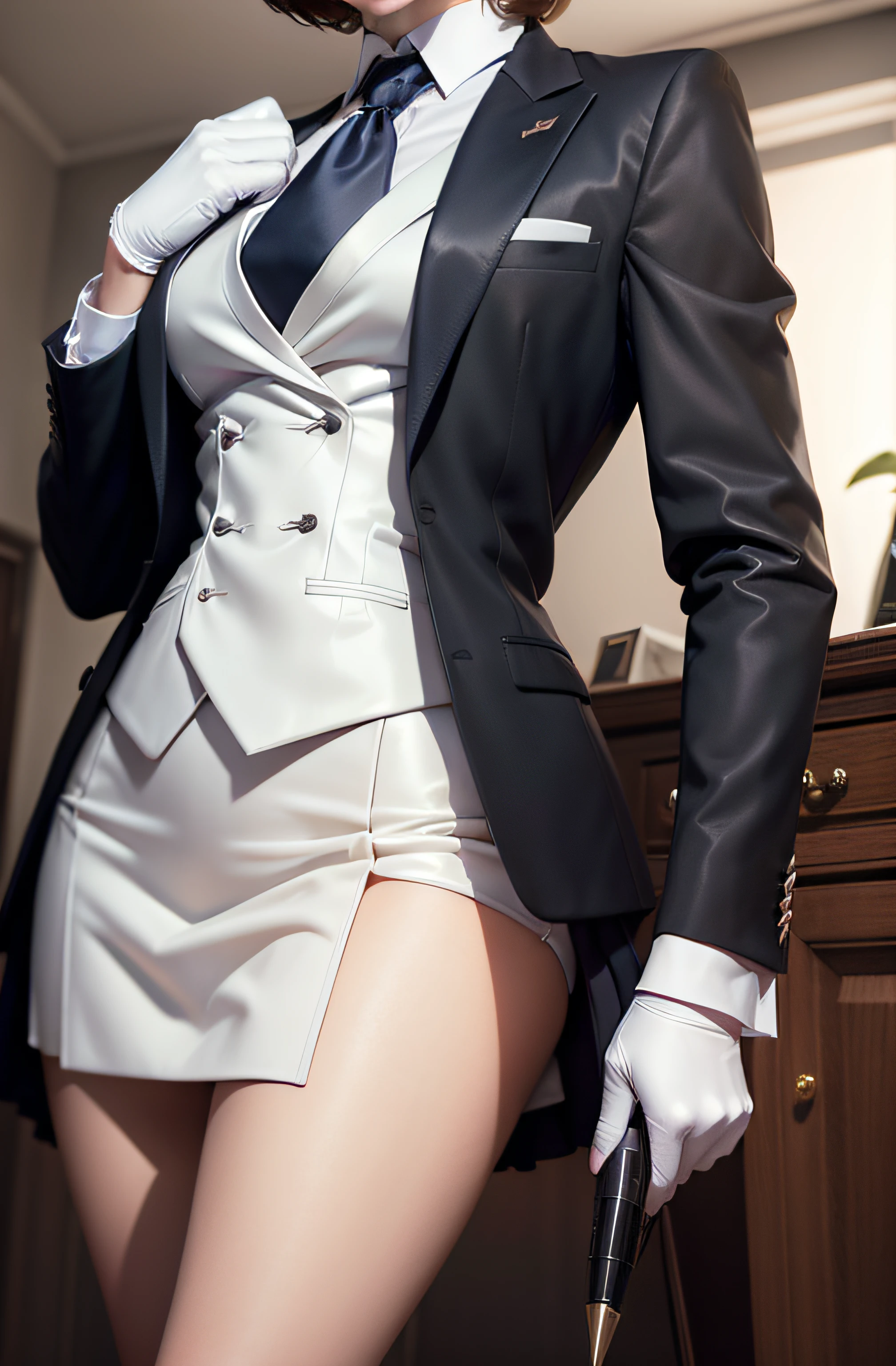 femboy, bulge, crossdressing, short hair, brunette, skirt suit, (((three-piece suit))), necktie, blazer, suit jacket, waistcoat, double-breasted waistcoat, bodycon skirt, pencil skirt, white gloves, submissive, makeup, bedroom eyes, aroused