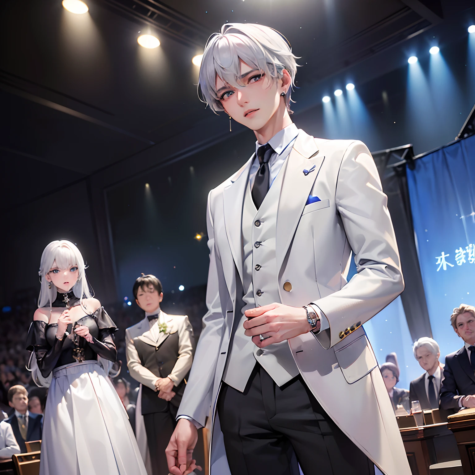 (8k photo、top-quality、masterpiece:1.2)、(realisitic、Photorealsitic:1.37) 年轻、a handsome man、de pele branca、详细的脸、Blue Light Eyes、White hair、black suits、Bad boys、Lots of fans in the background、sing at stage、Skull earrings、