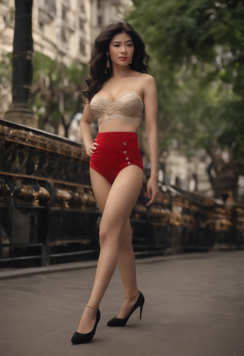 1 ladyboy walking, short black hair, large breasts, life-like、full body view, Erotic face, toned thighs, hyper-detailed face, Detailed lips, detailed eyes, Slender eyes, toned big buttocks, top-quality,8K、32K, masterpiece, removed clothing, removed bra remove panty, boyish looks, legs, crotch visible, sunny day lighting, city street park,