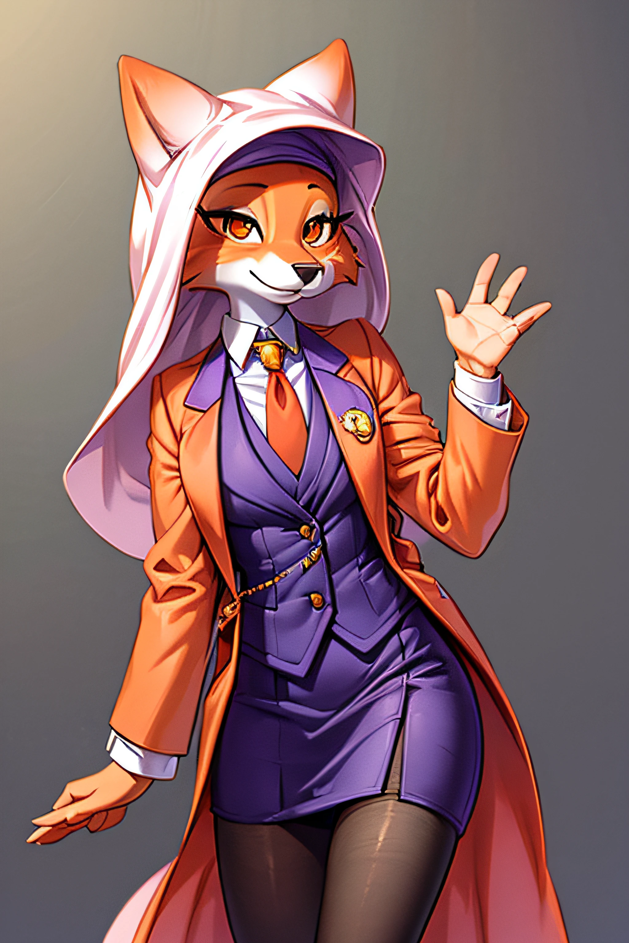 best quality, furry, anthro, animal nose,  maidmarian, smile, orange eyes, fox, waving, skirt suit, (((three-piece suit))), necktie, blazer, suit jacket, waistcoat, bodycon skirt, showing off, showing leg, ((((holding lapel)))), detailed hand,