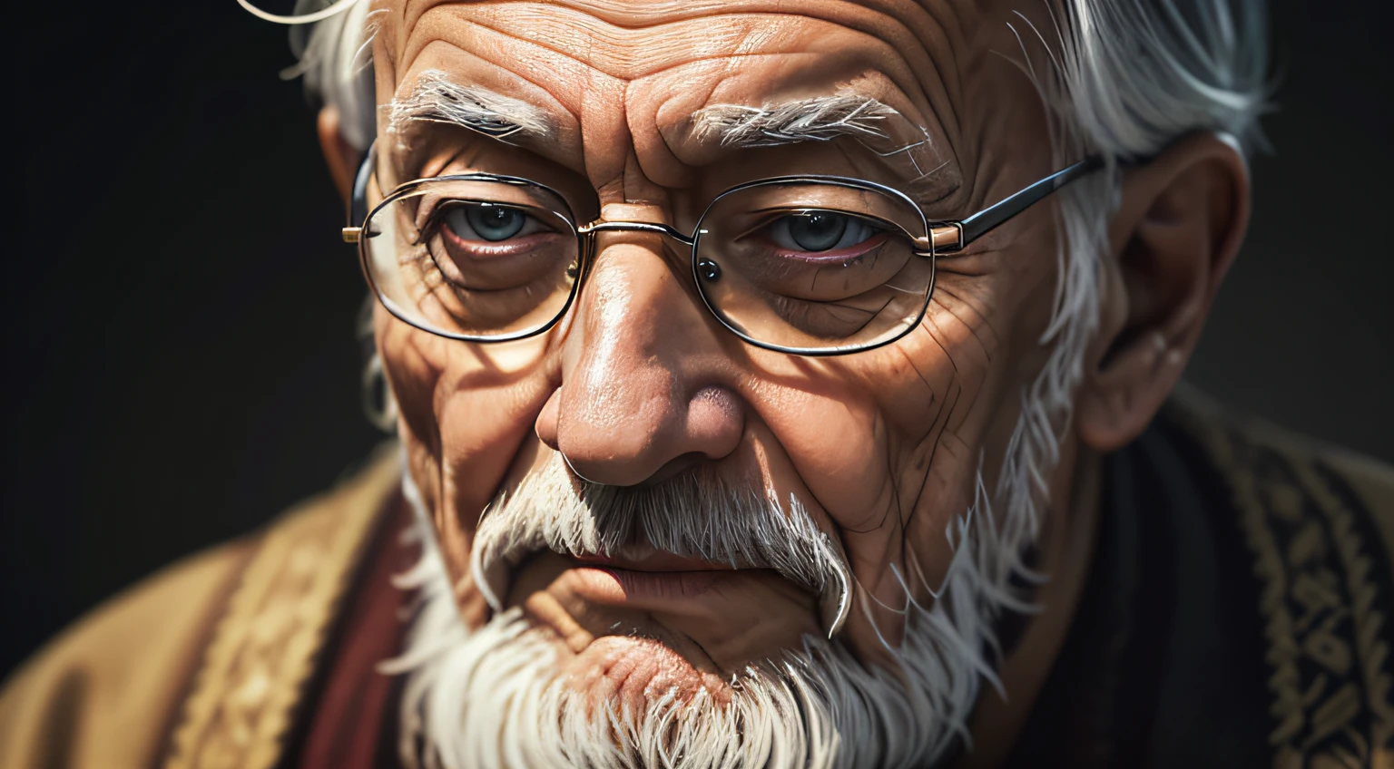 close up image of a a wise old man, thinking good things, feeling serene, ((masterpiece)), ((best quality))), ((ultra-detailed)), UHD, 8K, ((high resolution))), ((illustration)), ((realistic)),