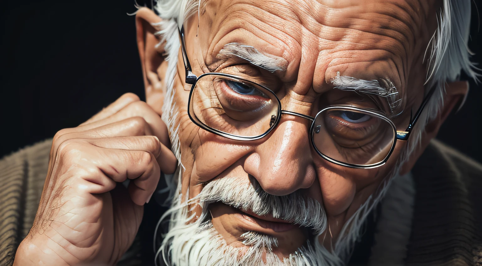 close up image of a a wise old man, thinking good things, feeling serene, ((masterpiece)), ((best quality))), ((ultra-detailed)), UHD, 8K, ((high resolution))), ((illustration)), ((realistic)),