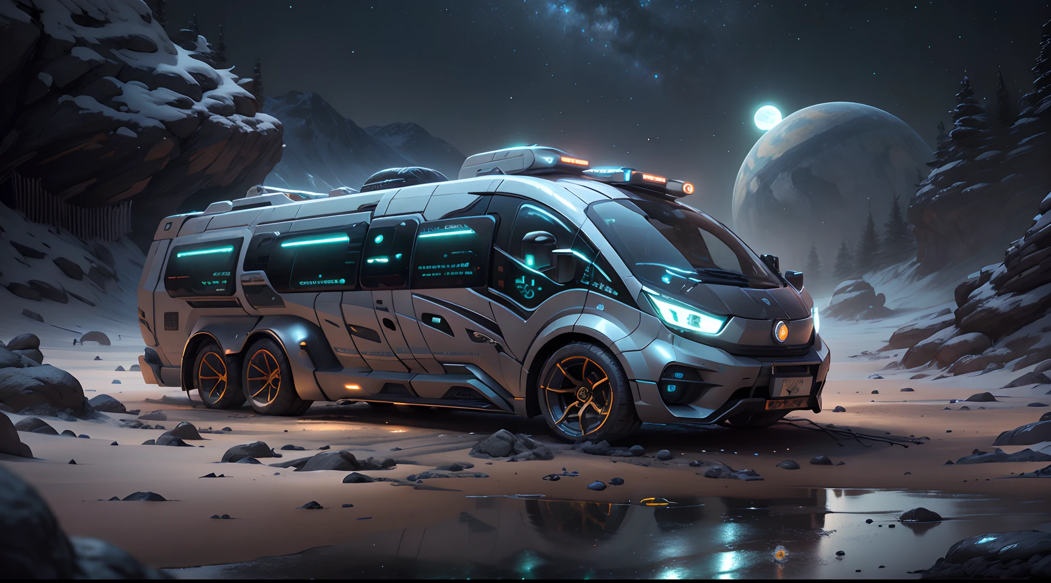 A futuristic(LunarPunkAI:Campervan),Colorful LED lights,Smooth curves,(streamlined line design)。cozily, camping, Reflection,(Surrounded by nature),(lush landscape)。concept-art, best qualtiy，tmasterpiece，超高分辨率，photograph realistic：1.4， ultra-detailliert，