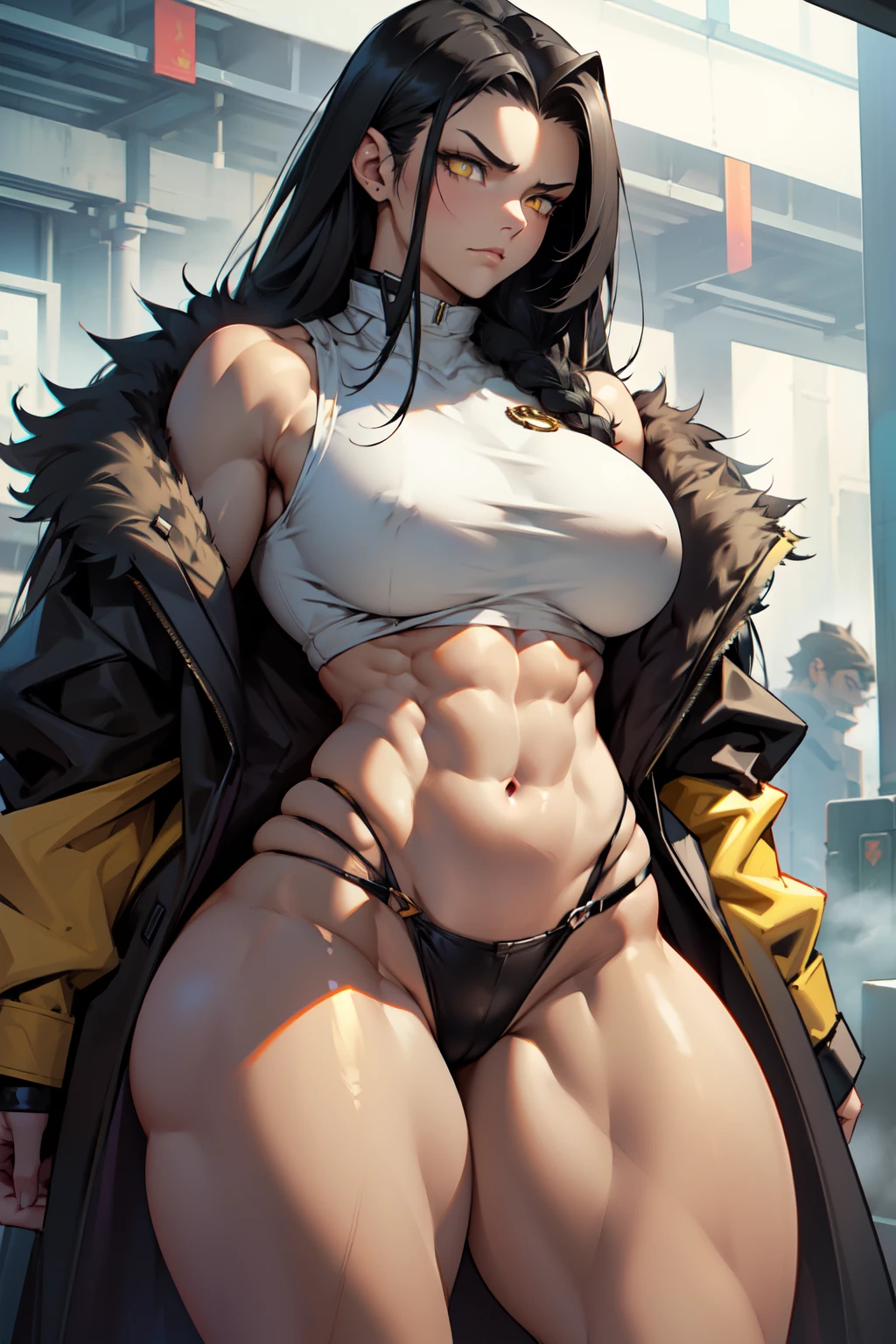 1girl black hair yellow eyes very long hair pale skin angry (((muscular toned body thick thighs large breasts curvy wide hips))) (fur coat) bodybuilder
