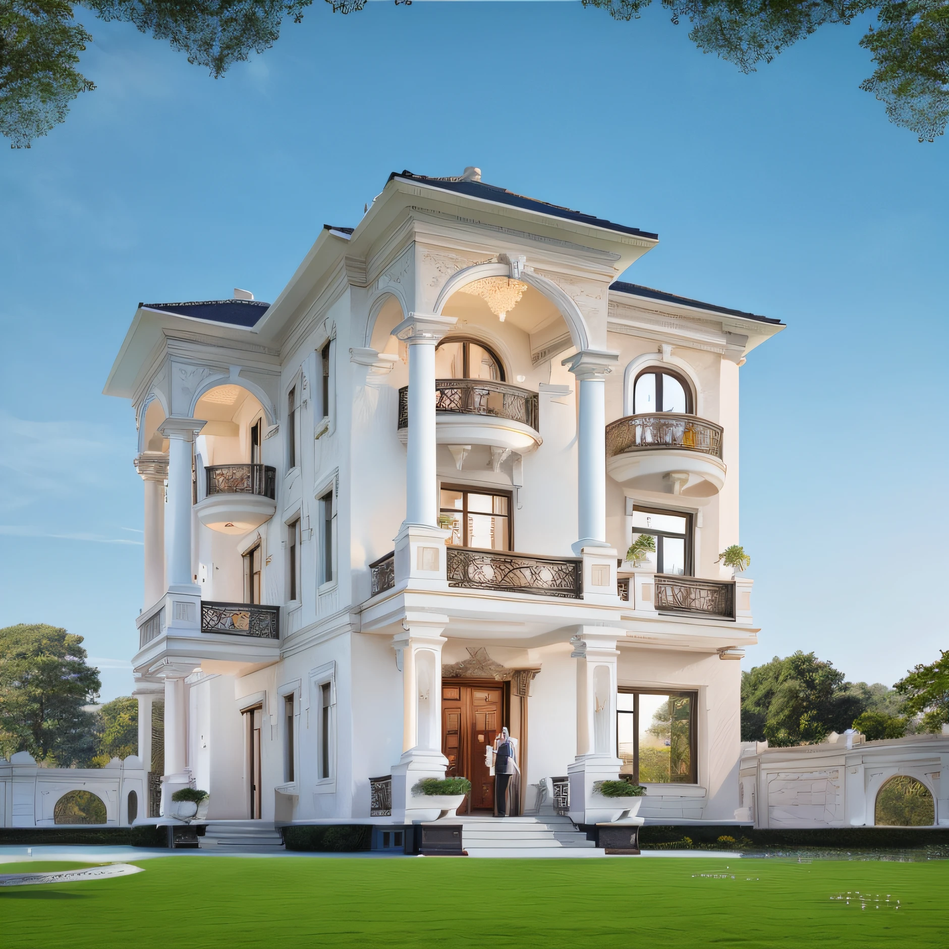 arafed white house with a large lawn and a couple standing in front of it, neo - classical style, exterior design, inter dimensional villa, architectural visualization, classicism style, overall architectural design, classicism artstyle, neoclassical style, classical style, realistic architecture, luxury architecture, neo - classical, neo-classical, stunning grand architecture, exquisite architecture