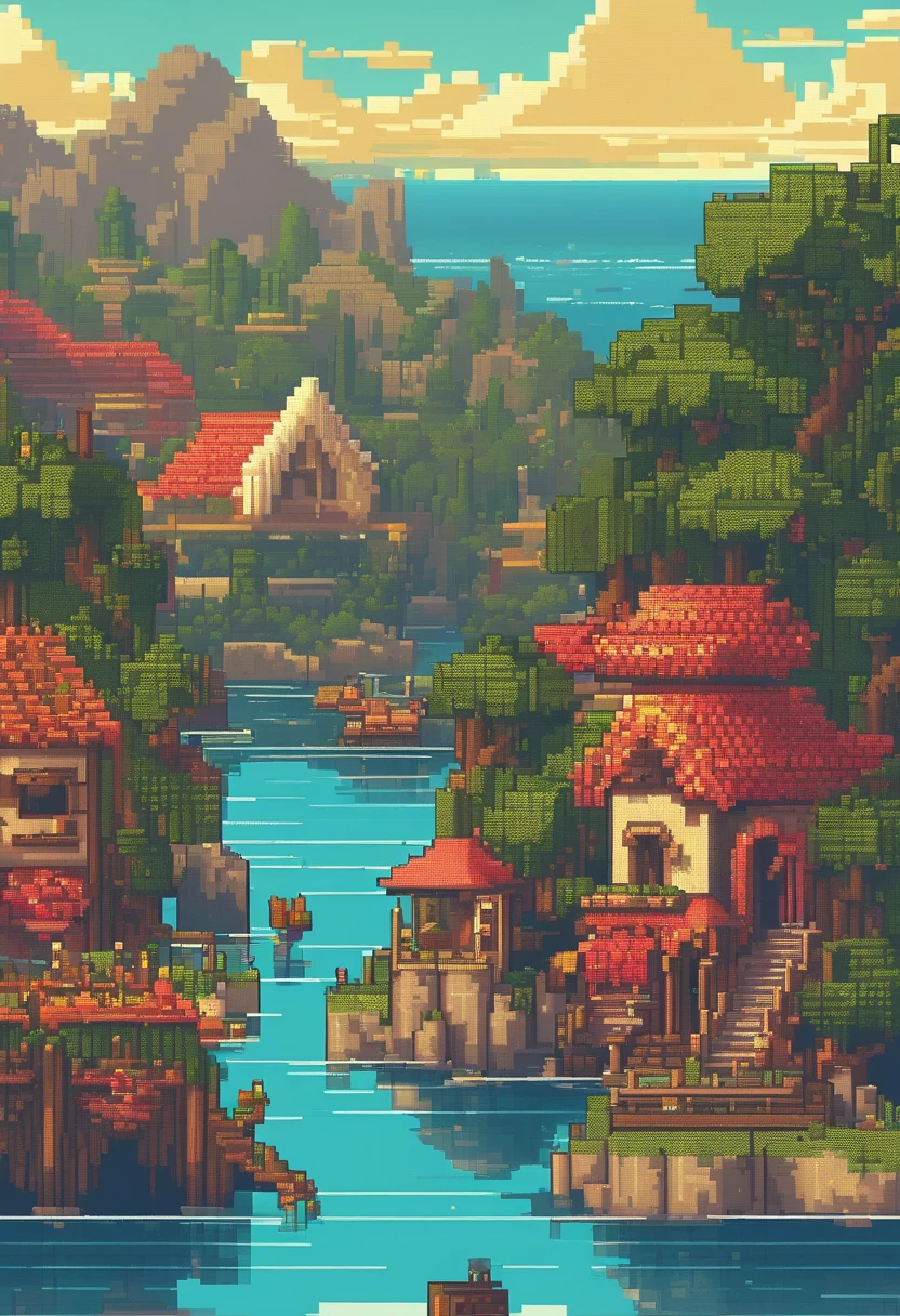 Pixel art tourism destination landscape. Evening. 3D pixel art 4K wallpaper. Incredible pixel art detail. Pixel art. Steam waves. Detailed Unreal Engine pixel art