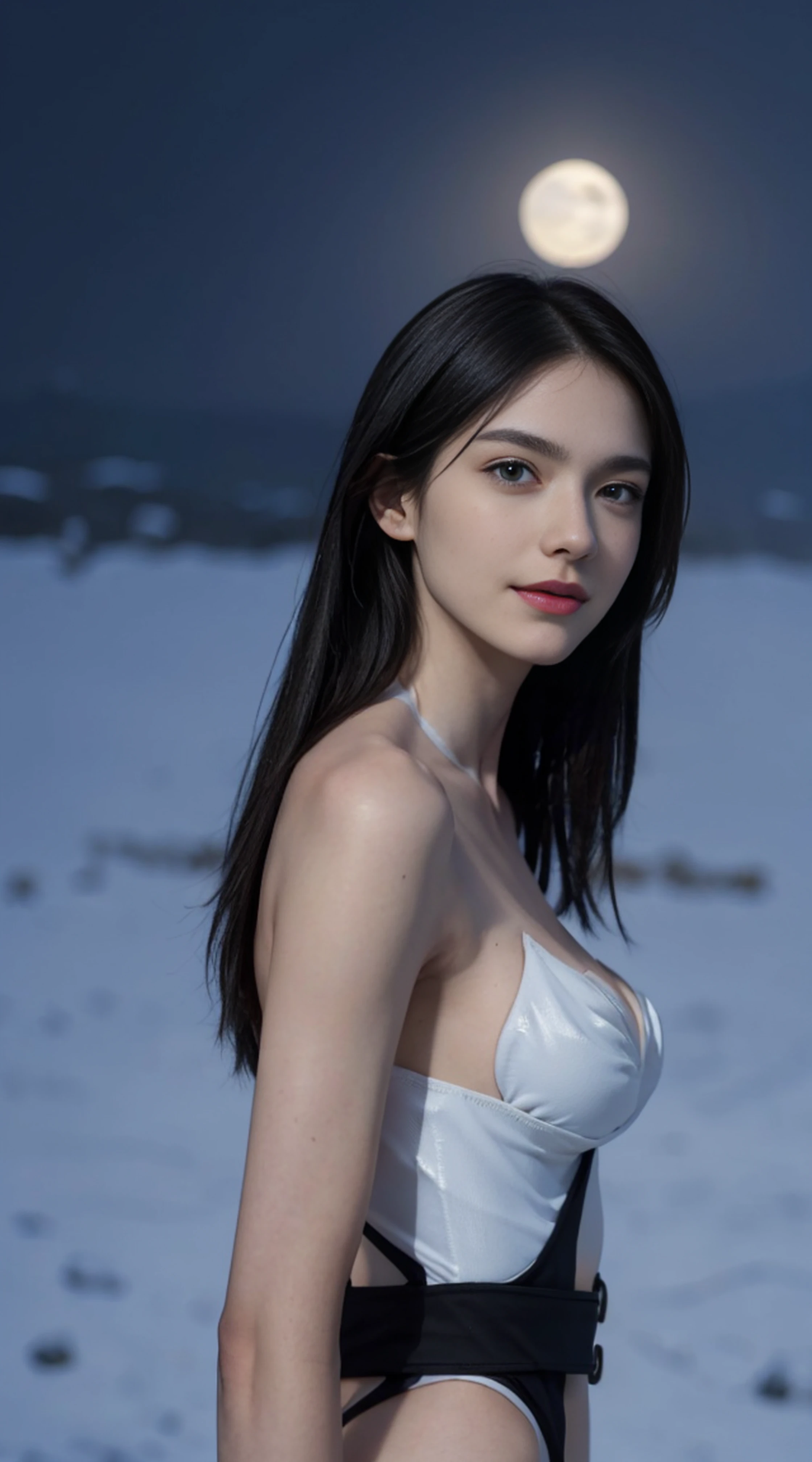 8K, Top Quality, Intricate Details, Ultra Detail, Ultra High Resolution, Masterpiece, random angle,  Slender, Smile, (Makeup: 0.4), (Fluffy Blue Eyes: 1.21), blue Eyes, looking at viewer, ((full body)), 1girl, solo, 1 girl, (( full body)), close up shot, standing,  , ((tall)), (((fit body))), (((slim face))), sharp face, sharp eyes, (((black hair,  long hair,  )) , (detailed face), sharp face, small lips, 
 (( )), ((one piece suit)),  detailed face, detailed breast, , large breast, detail ass, , Beautiful girl with accentuated slender abs: 1.4, Six Pack Abs: 1.4, Bust Botox, Big, Perfect Body, detail leg, (( moonlight)), in the snow