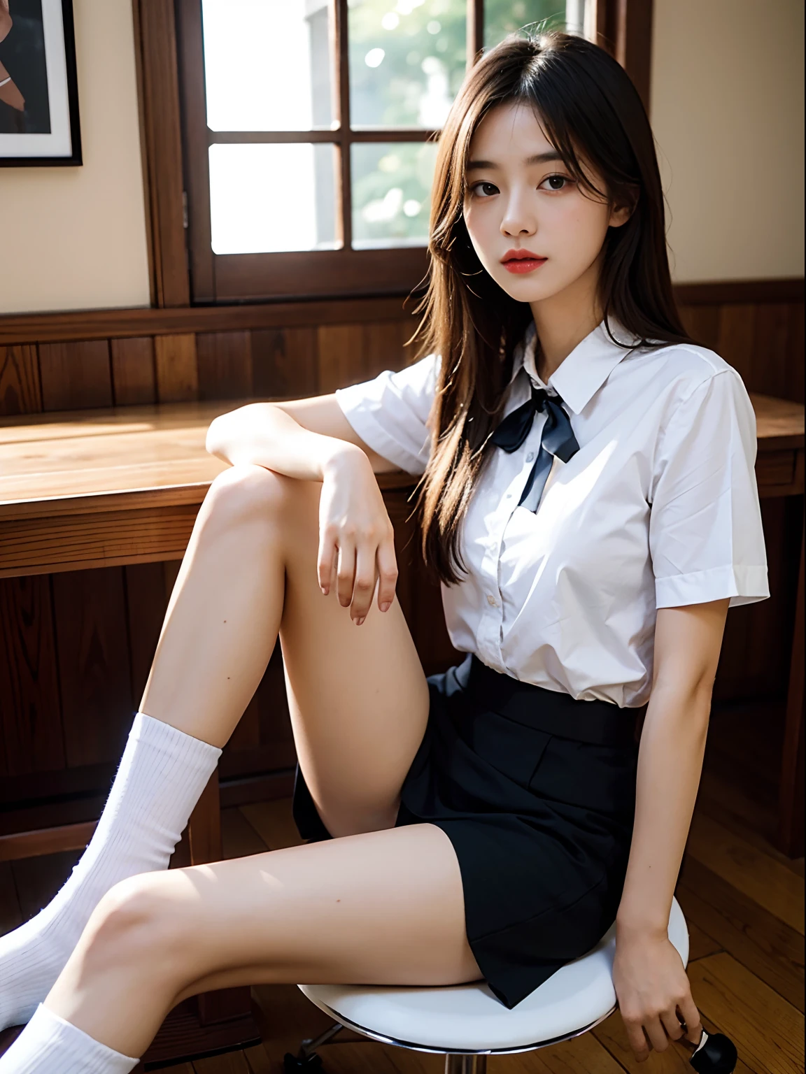 1girll，Young girls，shiny skins，mediuml breasts，nice leg line：1.3，Big breasts Thin waist，校服，upper legs，tiese，Student clothes, white  panties, sockes, brunette color hair, The shirt, bblurry, blurred back, kneehigh, white  shirt, low tune, true to life, long whitr hair, Carnal lips,  Black socks, Neck tie, pleatedskirt, the bow, head rest, side looking, En plein air, brownfootwear, tmasterpiece, top-quality, ultra - detailed（（pencil skirts）），Look at the audience from below，（lacepantyhose：1.3），（Golden ratio chart），（office room，sit on chair：1.3），heal
masterpiece，best qualtiy，Best perspective，Ultra-detailed and complex，Extremely refined and beautiful，The highest quality lighting，（Ray traching：1.1），Anti – Aliasing，
realisticlying，realisticlying，award-winning illustrations，（Complicated details：1.2），（exquisite detailing）（Complicated details），（cinematric light，Best quality backlight），清晰的线条，tack sharp focus，offcial art，Unity 8k壁纸，absurderes，Incredibly Ridiculous res，hugefilesize，ultra - detailed，A high resolution，extremely higly detailed，Extremely refined and beautiful，RAW photos，profesional lighting，动态照明，light in face，depth of fields，Single focus，