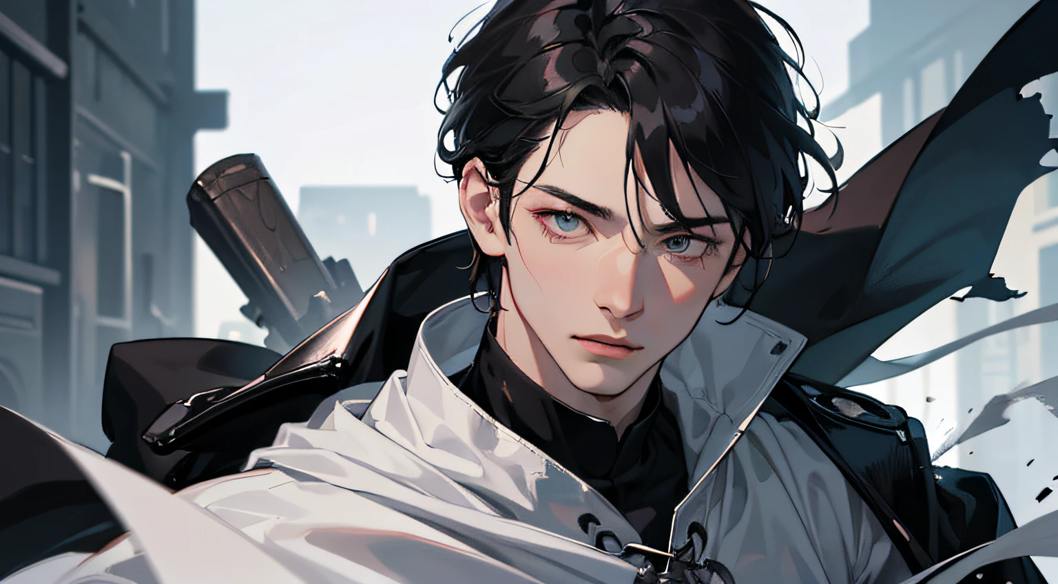 (best quality, 4k, 8k, High Resolution), ultra detailed, (realistic, photo-realistic) Manhwa Art of a white Chinese Man, black leather coat, dark clothes, carrying a sword on his back, ((detailed face)) , Messy black hair, Gray eyes, Piercing gaze, Cold and mysterious character, 8k, Athletic body, full body, detailed features, very beautiful, bright lighting, blurred background, destroyed setting, dystopian
