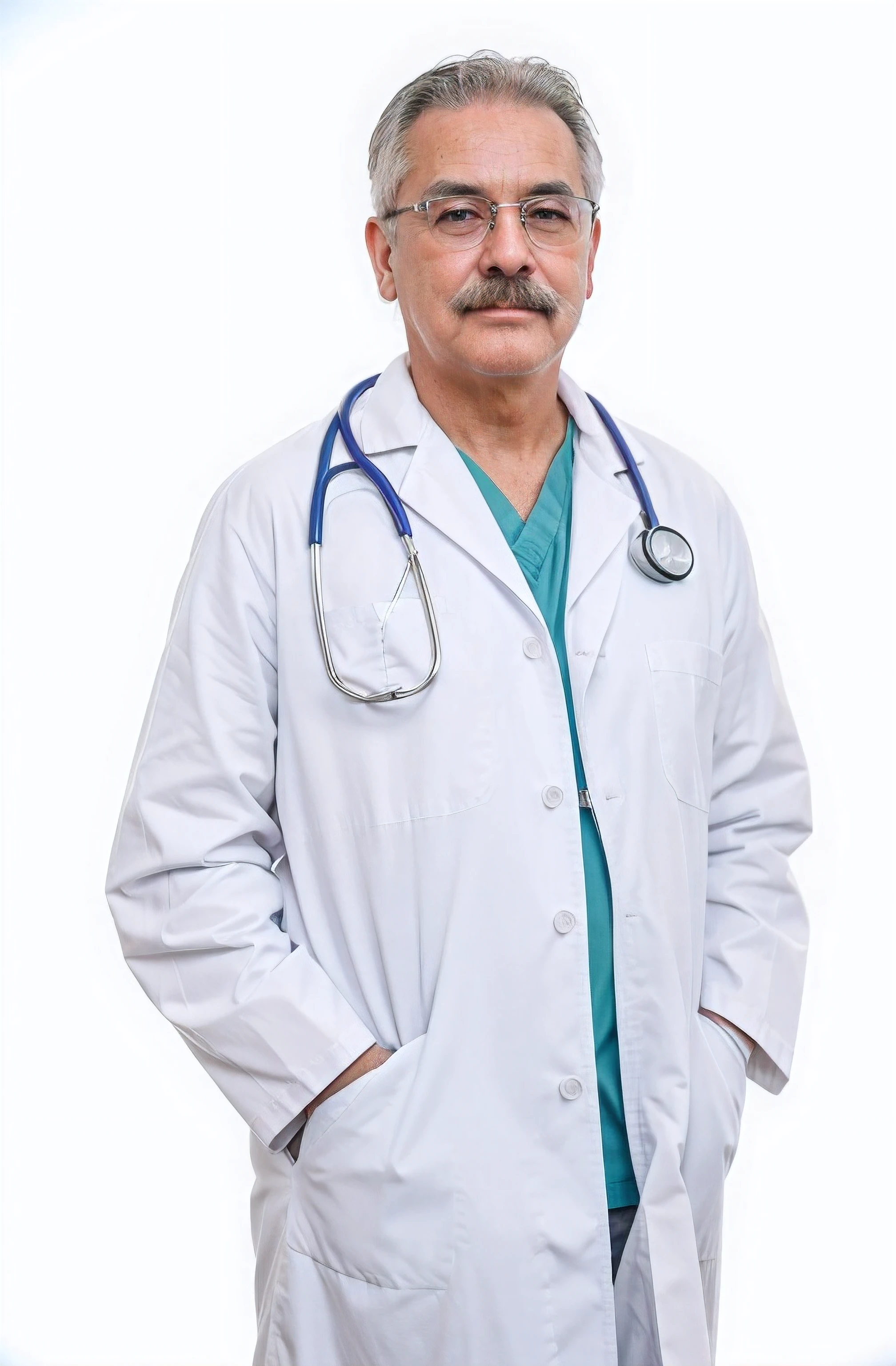 70 year old doctor with a stethoscope wearing white lab coat, com tshirt azul marinho por baixo, com oculos e bigode, cabelo grisalho, raw photo, amazing photograph, best quality, 8K, high quality, Ultra detailed, (best quality), (high detailed skin, full sharp:1.2), 8k uhd, dslr, detailed face