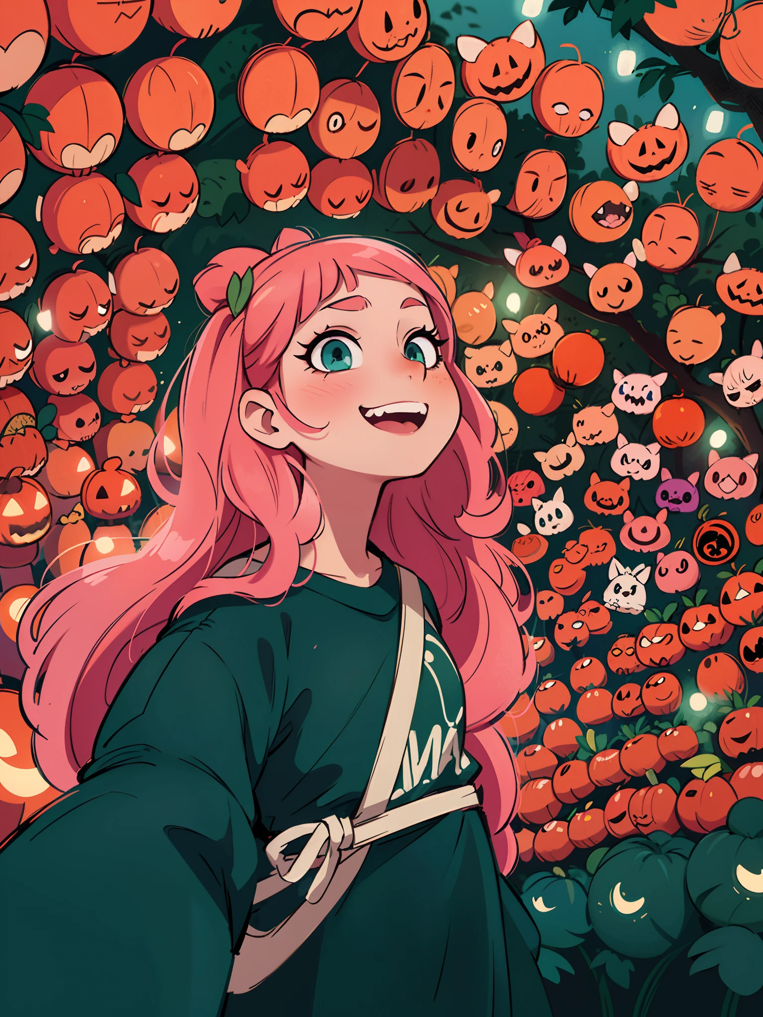 arafed woman with pink hair and a green shirt standing in front of a wall of red lanterns, ava max, in a halloween style, belle delphine, spooky filter, tumblr, inspired by Elsa Bleda, portrait of kim petras, anime style mixed with fujifilm, lofi portrait, portrait of jossi of blackpink, anime vibes, billie eilish,((masterpiece)),((best quality)),((ultra-detailed)),(8k),((wallpaper)),((extremely detailed cg)),(RAW photo:1.2),beautiful,Perfect eyes, detailed eyes,Nice eyes,lewd smile,background with many halloween pumpkins in patterns, looking at viewer