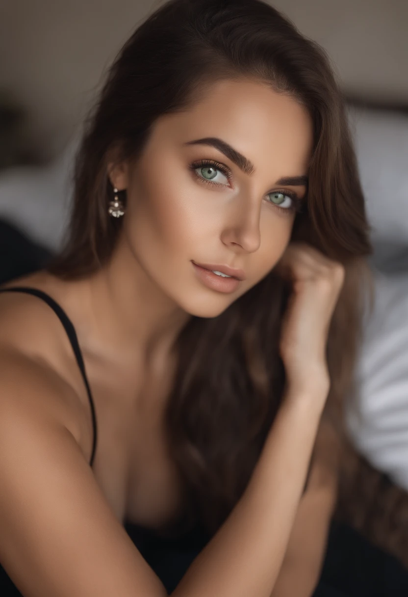 arafed woman with matching tank top and panties, big tits, sexy girl with brown eyes, portrait sophie mudd, brown hair and large eyes, selfie of a young woman, bedroom eyes, violet myers, without makeup, natural makeup, looking directly at the camera, face with artgram, subtle makeup, stunning full body shot, in bedroom, cleavage