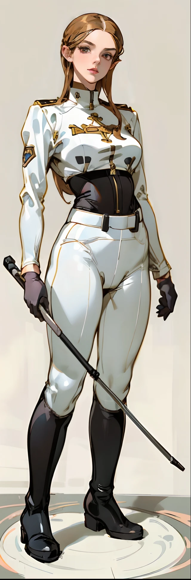 (highest resolution, distinct_image) best quality, a woman, solo, masterpiece, highly detailed, semi realistic, brown hair, bangs, 18 years old, mature, young, tall strong,(plain and simple uniform),( plain minimalist military uniform),(luxury hotel room background:1.2), cold, serious, tall, handsome, autocratic, powerful, exquisite facial features, exquisite facial features, (full body)(black knee-high boots:1.4)(dominatrix:0.6)(white Yoga pants:1.3),(black gloves:1.5)(long sleeves:1.2),(active white sportswear shirt):1.2,(princess Zelda),solo,1girl,(looking at viewer),(from below:0.8)(head turned upwards:0.3)(smiling:0.4)(bodysuit:0.2)(holding riding crop:1.2)(muscular:0.7),(black belt), (shirt tucked in pants),(standing on ground), (marble floor)