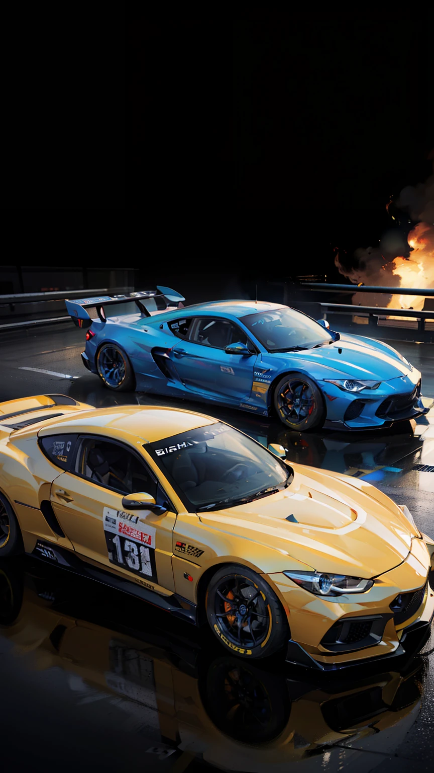 Best quality, masterpiece, ultra high res, Capture the adrenaline-fueled excitement of a sleek, high-performance racing car dripping, gold, blue, fires, neon light, dust, full car show, from side, cyberpunk racing car, tokyo cyberpunk night,Detailed,Realistic,4k highly detailed digital art,octane render, bioluminescent, BREAK 8K resolution concept art, realism,by Mappa studios,masterpiece,best quality,official art,illustration,ligne claire,(cool_color),perfect composition,absurdres, fantasy,focused,rule of thirds,