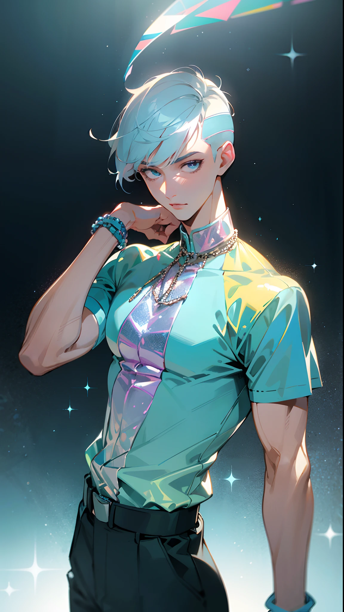(masterpiece, best quality )detailed, 1Character , pastel washed out colors , cell shade , soft, muted shades ,gentle colors , blue archive art style,
He wears a fitted, sequined, and short-sleeved shirt in a vibrant shade of holographic blue, The shirt features a V-neckline and intricate beadwork, sequins, and rhinestones, slim-fitting, high-waisted pants in a matching holographic blue material, The pants are accentuated with subtle, neon blue and silver accents, including chunky silver chains, statement rings, and wristbands,
Handsome man , White hair , very Short hair, ((crew cut hair style:1 )) , Blue eyes , light skin , ((muscular:1)),masculine ,age 28,