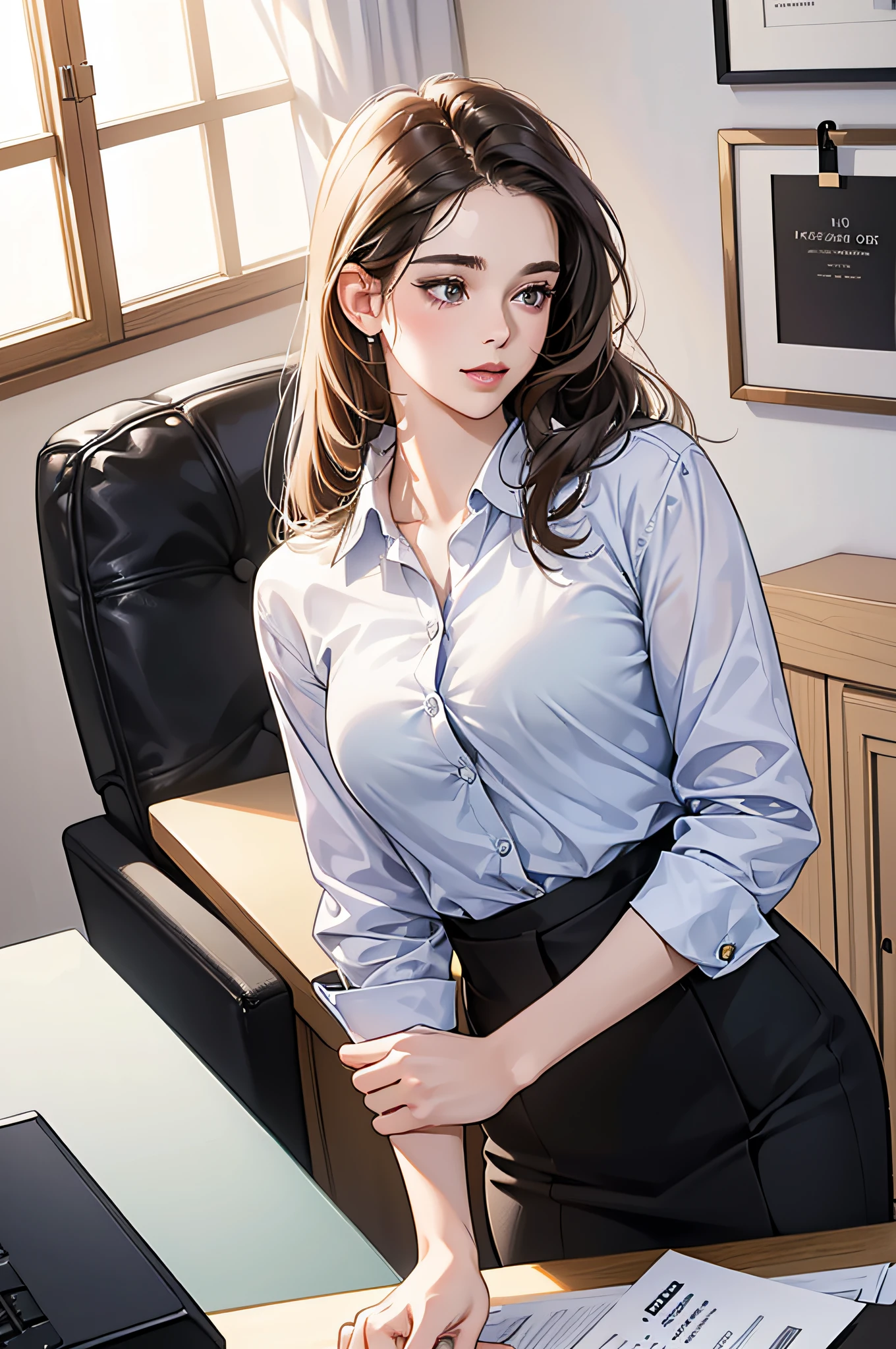 (best quality, 4k, 8k, photorealistic), a 25 year old woman, secretary, greeting her boss, a 28 year old man, handsome, photorealistic, best quality, (digital art, illustration, high quality, ultra-detailed, 8k, lighting gentle daytime office scene)