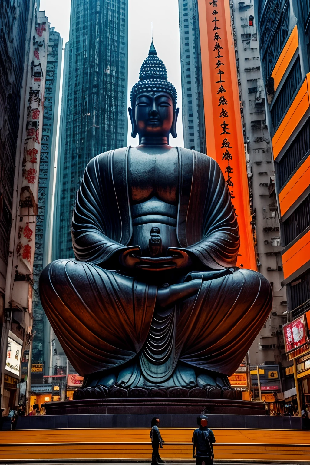 Such as the Buddha sculpture,Giant phobia,cyber punk perssonage,Kowloon, Hong Kong,buliding,Armageddon,Orange background,large scene,high high quality