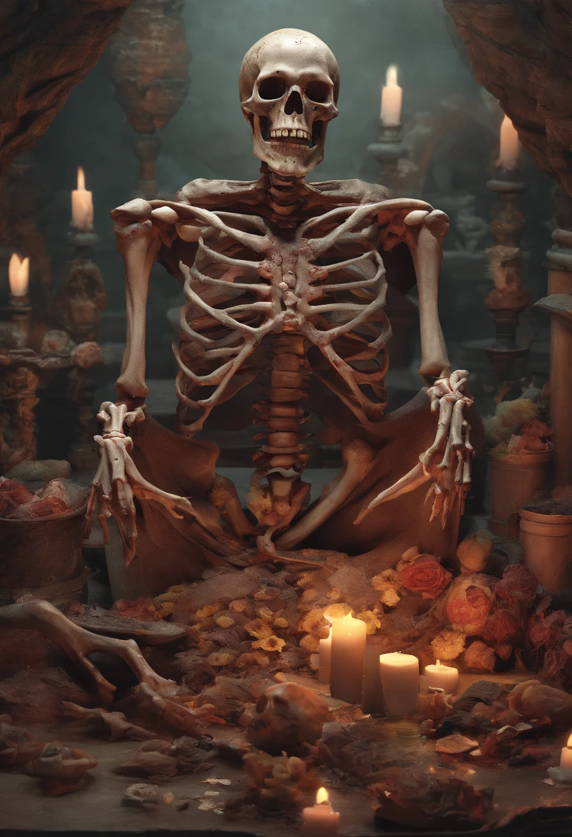 (Horror) creepy art, goretothecore, a close up of a skeleton with hands on it's chest, rotting, death metal album cover, rotting flesh, dug stanat macabre art, in hell, they sit next to a pile of bones, dark goddess , piles of bones, pile of skulls under his feet, black metal album cover, rotten flesh, crown of bones, s