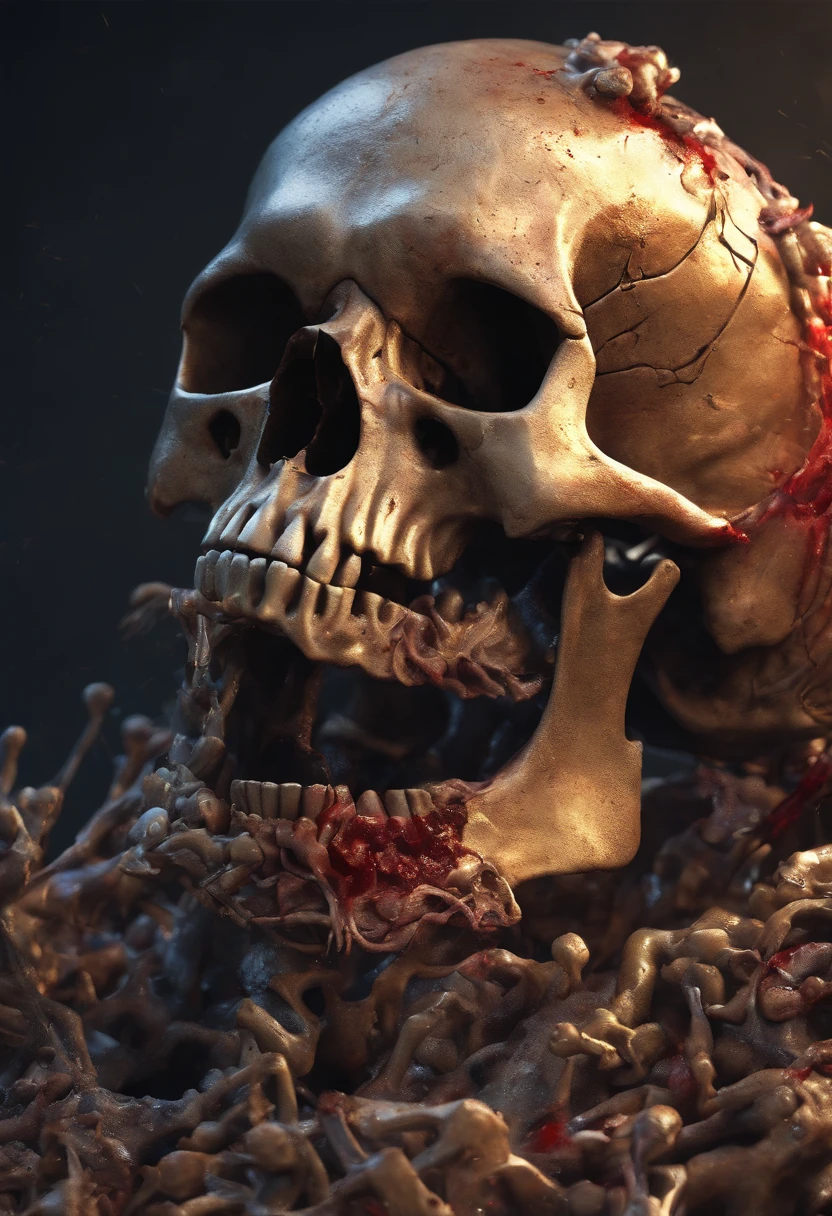 (Horror) creepy art, goretothecore, a close up of a skeleton with hands on it's chest, rotting, death metal album cover, rotting flesh, dug stanat macabre art, in hell, they sit next to a pile of bones, dark goddess , piles of bones, pile of skulls under his feet, black metal album cover, rotten flesh, crown of bones, s
