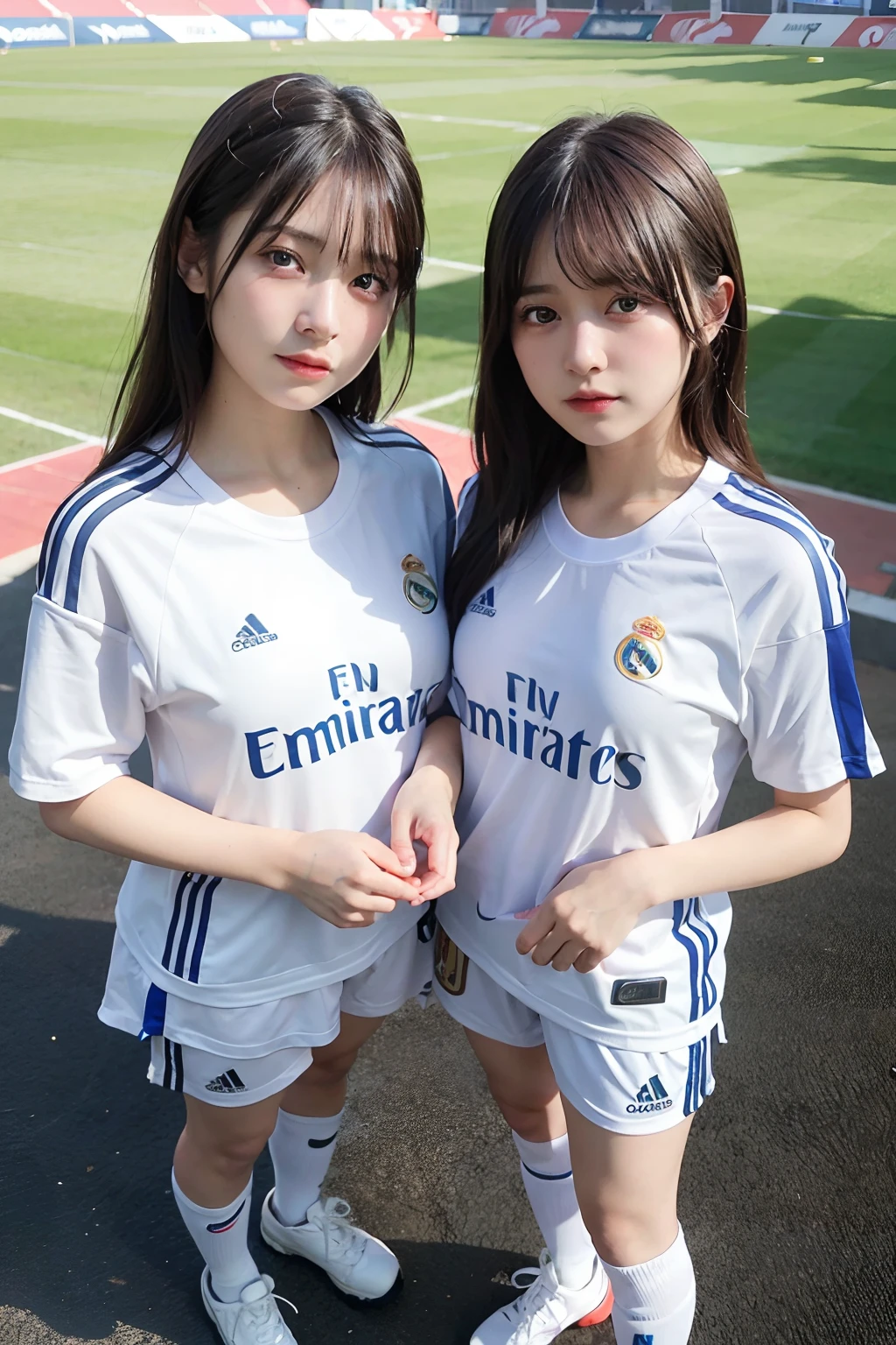Beautiful woman with long hair, wearing real Madrid shirt