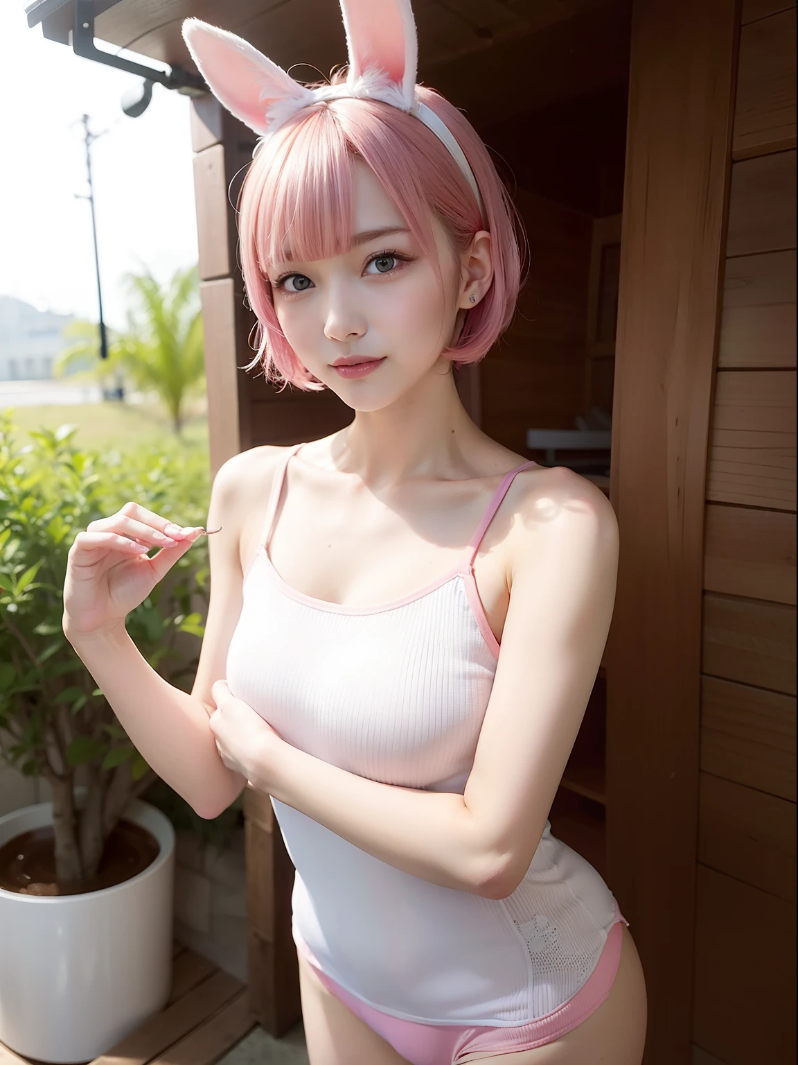 Sauna room、Pink short cut hair entering the sauna、Black knitted sweater、Pink short cut hair,(8K, top-quality, masterpiece:1.2), (realisitic, Photorealsitic:1.37), ultra-detailliert, 1 girl in, full body Esbian, rain is falling, outdoor bath(Adjusted hair:1.5) white t-shirts、Skinny Jeans、cute little、独奏、Beautiful detailed sky、(A smile:1.15)、(Mouth closed)、tiny chest、Eyes in Beautiful Details、(short-hair:1.2)、Floating Hair NovaFrogStyle、masuter piece、Pink Shortcut Bob、Realistic rabbit ears、Pink realistic rabbit ears、Realistic ears of rabbits sticking out of the head、Pink hair、Beautiful girl in her 20s、Bewitching atmosphere、Beautiful shaped hands、K-POP、Pink rabbit ears、1 girl in、独奏、masterpiece、top-quality、realisitic、Hyper-detailing、(Glossy skin:1.4)、absurderes、short pink hair、Slender beauties、动态照明、hight resolution、foco nítido、depth of fields、(thick thight:1.0)、A slender :1.2,((Short-cut bob hair))、((k pop:1.3)),Highly detailed facial and skin texture、((魅惑的)),Anatomically correct number of fingers,Correct anatomy