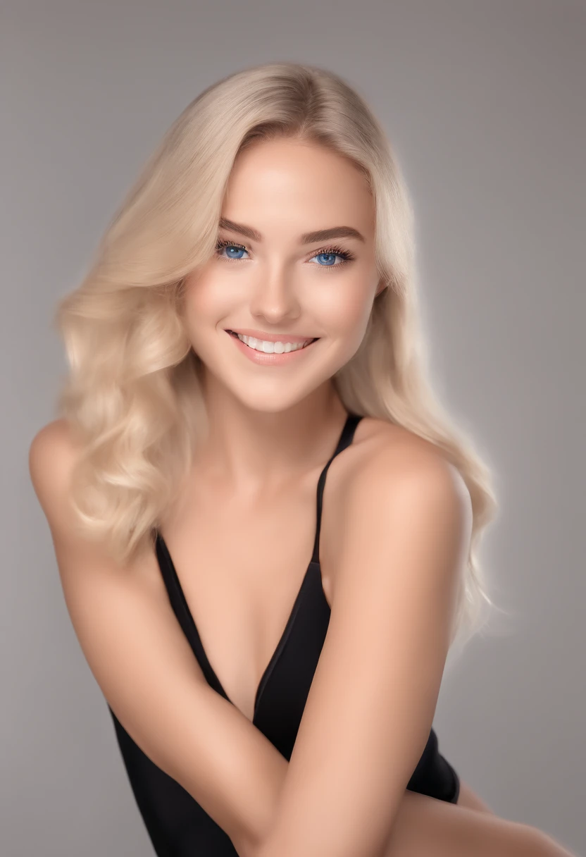 Smiling, 21 years old, blonde hair, blue eyes, high resolution, masterpiece, best quality, realistic skin texture, texture, detailed eyes, professional, 4k, charming smile, full body shot, sexy black lingerie,naked, Seductive Pose, Seductive face, photorealistic, boudoir lighting