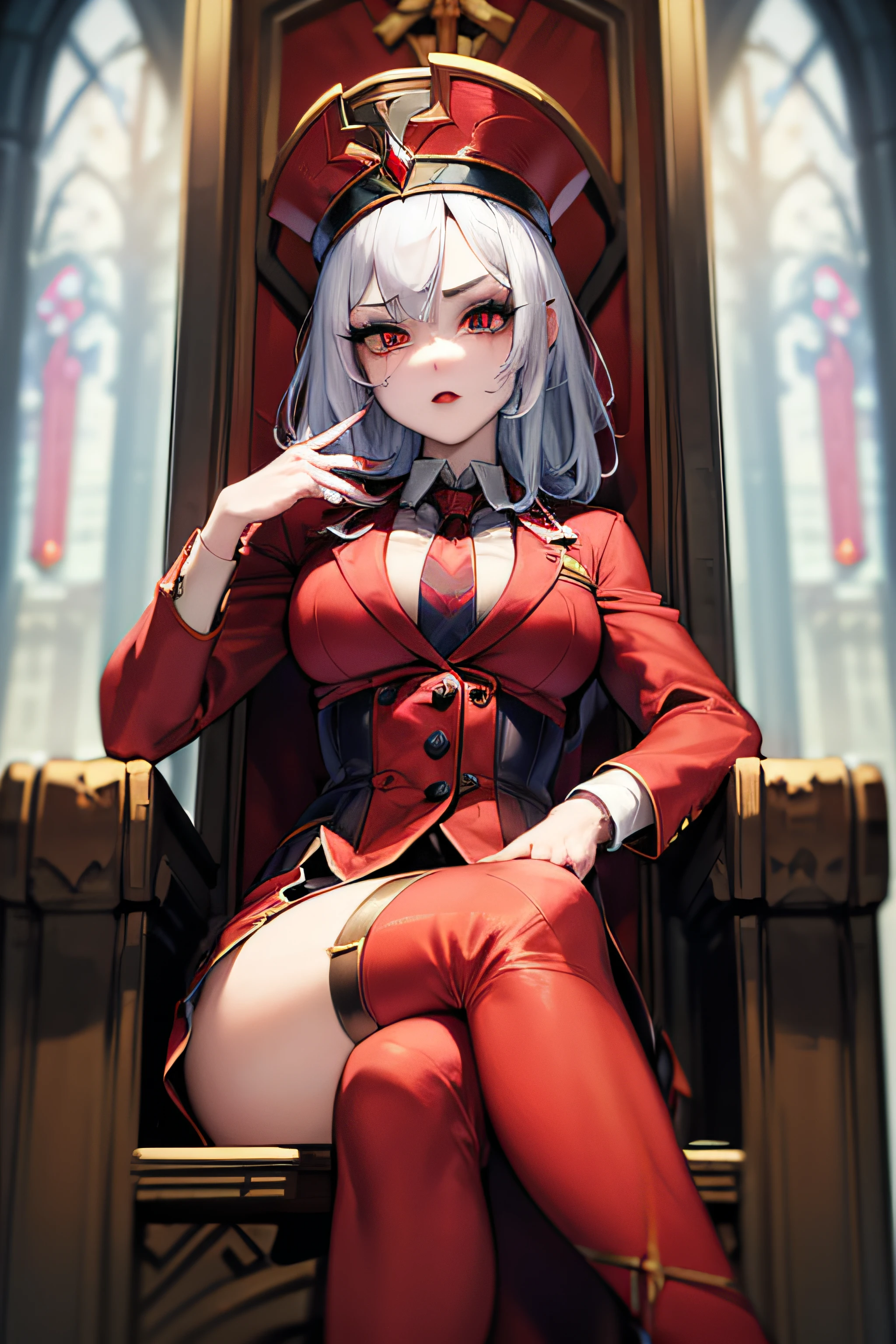 masterpiece, best quality, sally whitemane, 1girl, solo, nsfw, sitting on a throne, crossed legs, skirt suit, (((red three-piece suit))), necktie, blazer, suit jacket, waistcoat, bodycon skirt, gangster, fedora, runny makeup, stone throne, cathedral, heels