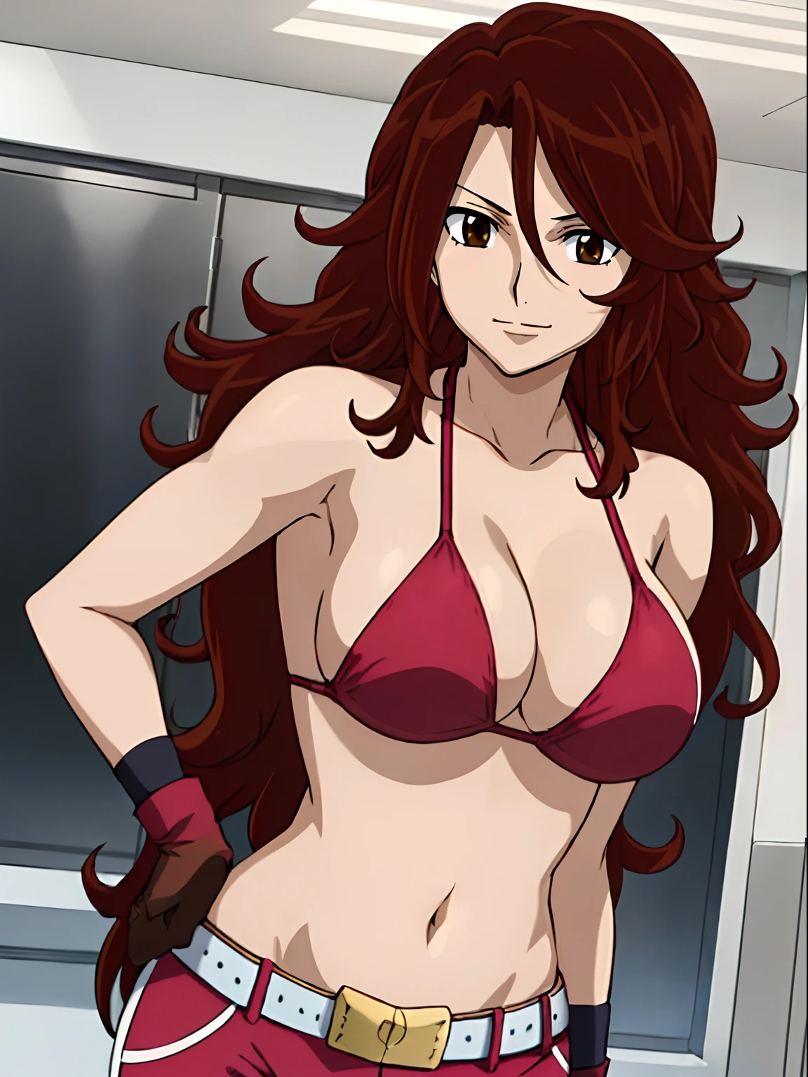 Best Quality, hires, curvy midsection, solo, 1 girl, strong woman, female wrestler, smile, happy), (detailed titration screen, upper body only, anime style: 1.8, anime drawing, ultra detailed face, ultra detailed body, 4k, Sumergai Lee Noriega, (standing), best quality, anime style, hires, highest definition, digital blending, bold drawing lines, ((wwe diva), ((White Background)), ( pro female wrestler, long attractive belly, slim body, (strong arm muscles), broad shoulders , off-shoulders, closed fists, (very curvy: 2.8)), ((elegant red bikini , shorts, white gloves, arm band, arm band, (champion belt))), (pale skin, big breasts, closed mouth), (big eyes, brown eyes, shiny eyes), (), (reddish hair, loose hair, curly hair, wavy hair, long hair, missy hair), 27 years old