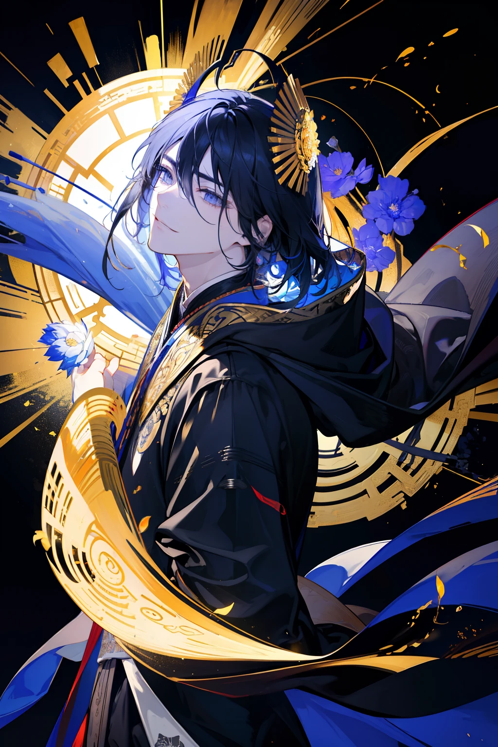 (masterpiece), (best quality), (ultra detailed), (Wanderer), upper body, flowers, flowing colors, night, dynamic pose