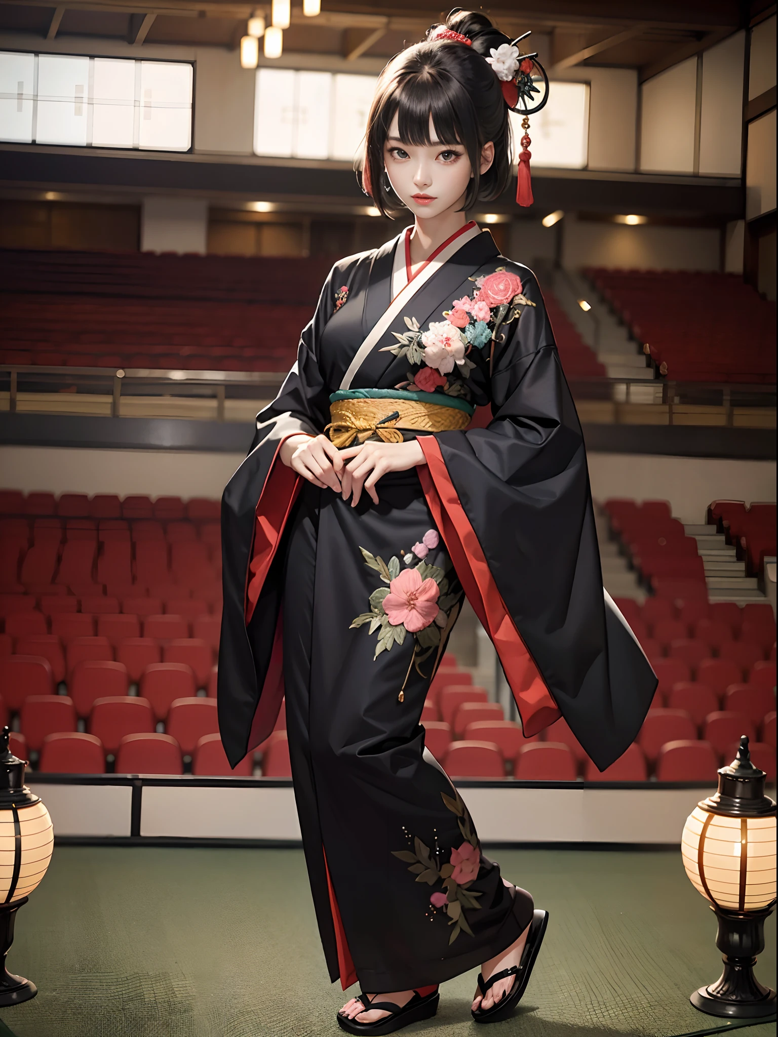 Background of details(concert hall,Playing the koto),BREAK ,elaborate costume(Luxury kimono(Black kimono(detailed embroidery))),BREAK,1 Beautiful and classy adult woman(Japanese actressl:1.2)(shinny hair(A black,verdant),(Short hair:1.2)),BREAK,Wallpapers 16K,Blur the background,(masutepiece:1.5), (Best Quality:1.5),(Portrait photos:1.5),(full body Esbian:1.5)