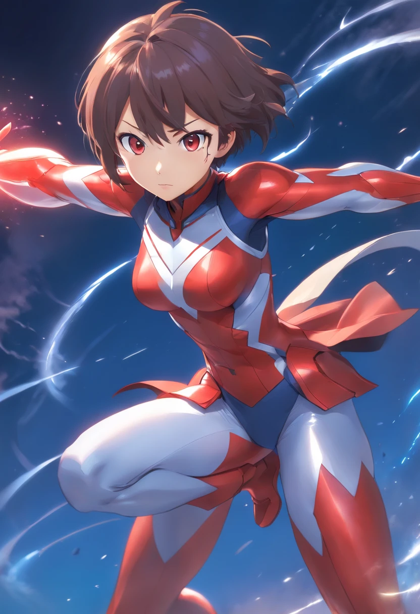 um close up de uma pessoa em um terno vermelho e branco, Ultraman, ultra hiper-detalhado, imagem detalhada, hero action pose, battle action pose, ultra mega detalhado, full body action pose, corpo inteiroesbian!! Dynamic Action Pose, super super dynamic dynamic pose, corpo detalhado completo, ( figura altamente detalhada ), Anime peito grande, Heroicamente Batalha Posando