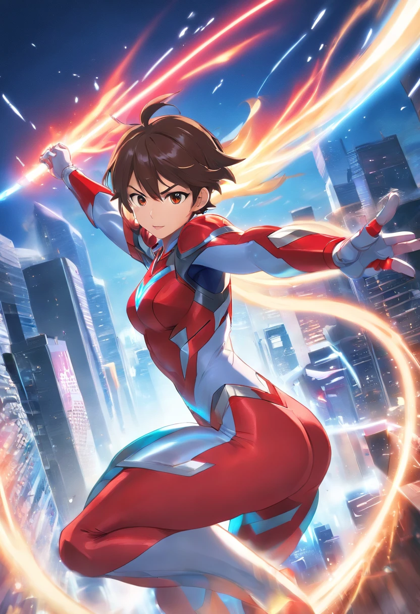 [ Amazing Cleavage | astounding | Exquisite ] Ultraman&#39;s frontal avatar ，[Visual inspection of the audience] （Best quality at best， tmasterpiece）， 1人，combat scene， City smoke background，（Lines are clear but complex），Ultra-clear image quality，32K，long-focus。