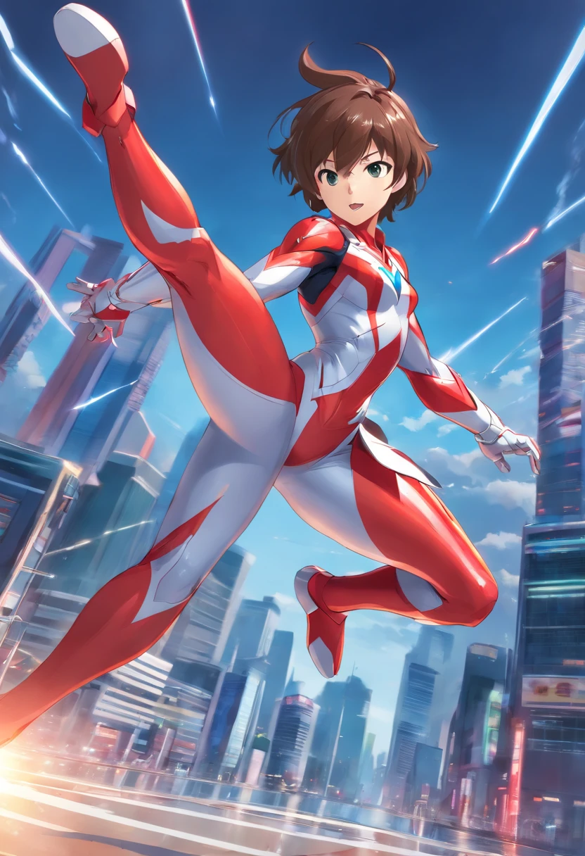 um close up de uma pessoa em um terno vermelho e branco, Ultraman, ultra hiper-detalhado, imagem detalhada, hero action pose, battle action pose, ultra mega detalhado, full body action pose, corpo inteiroesbian!! Dynamic Action Pose, super super dynamic dynamic pose, corpo detalhado completo, ( figura altamente detalhada ), Anime peito grande, Heroicamente Batalha Posando