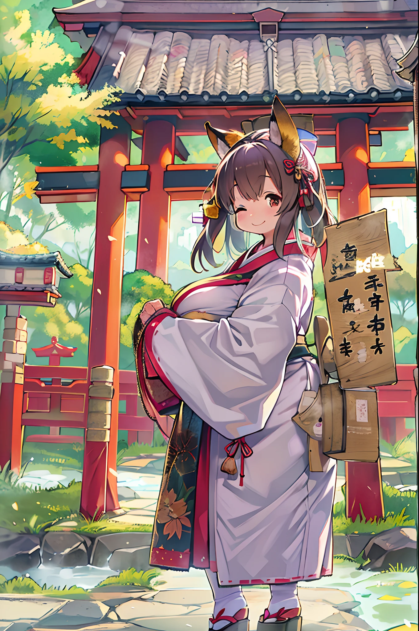 Fox Woman、body covered with fur、huge-breasted、kawaii、Buddhist nun、temple,((Oblique angle))、{{close up to face}}、one eye closed、winking、A big smile、bbw、thick thight、big butts、Ultramammy,Chibi,Nanachi, autumn day,kaede、 Pines, Anime Background Art, japanese art style, beautiful anime scene, detailed scenery - width 672, Background art, Anime landscapes, Anime Background, Beautiful anime scenery, Beautiful peace scenes in anime, landscape artwork, Japan Village, Anime landscape concept art, 8K))、a lot of fallen leaves、Water twinkle、Springs in the mountains、Main shrine