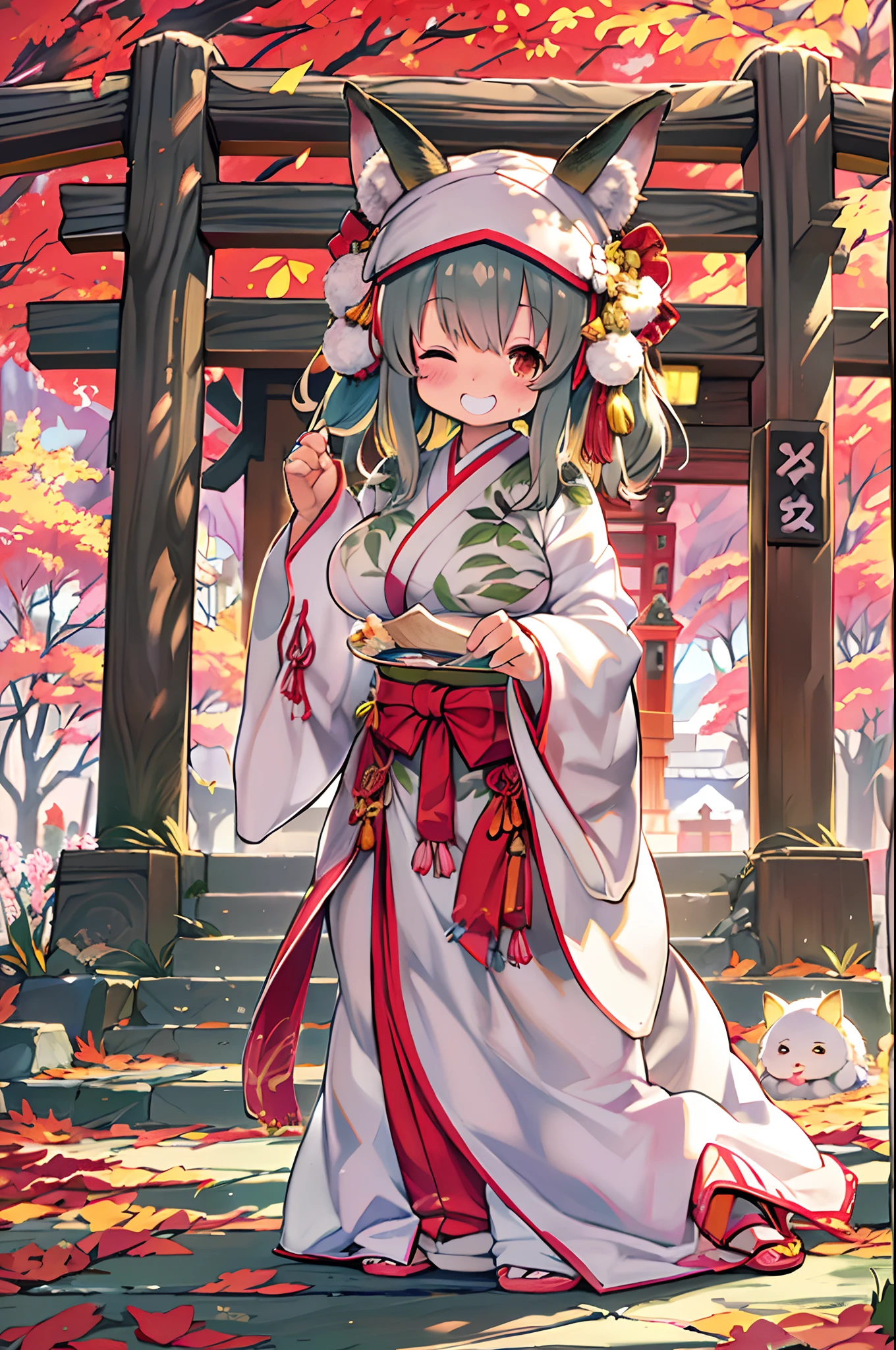 Fox Woman、body covered with fur、huge-breasted、kawaii、shrine maiden、Japan white clothes,Red Hakama、torii gate,((Oblique angle))、{{close up to face}}、one eye closed、winking、A big smile、bbw、thick thight、big butts、Ultramammy,Chibi,Nanachi, autumn day,kaede、 Pines, Anime Background Art, japanese art style, beautiful anime scene, detailed scenery - width 672, Background art, Anime landscapes, Anime Background, Beautiful anime scenery, Beautiful peace scenes in anime, landscape artwork, Japan Village, Anime landscape concept art, 8K))、a lot of fallen leaves、Water twinkle、Springs in the mountains、Main shrine、Chii、Fried tofu