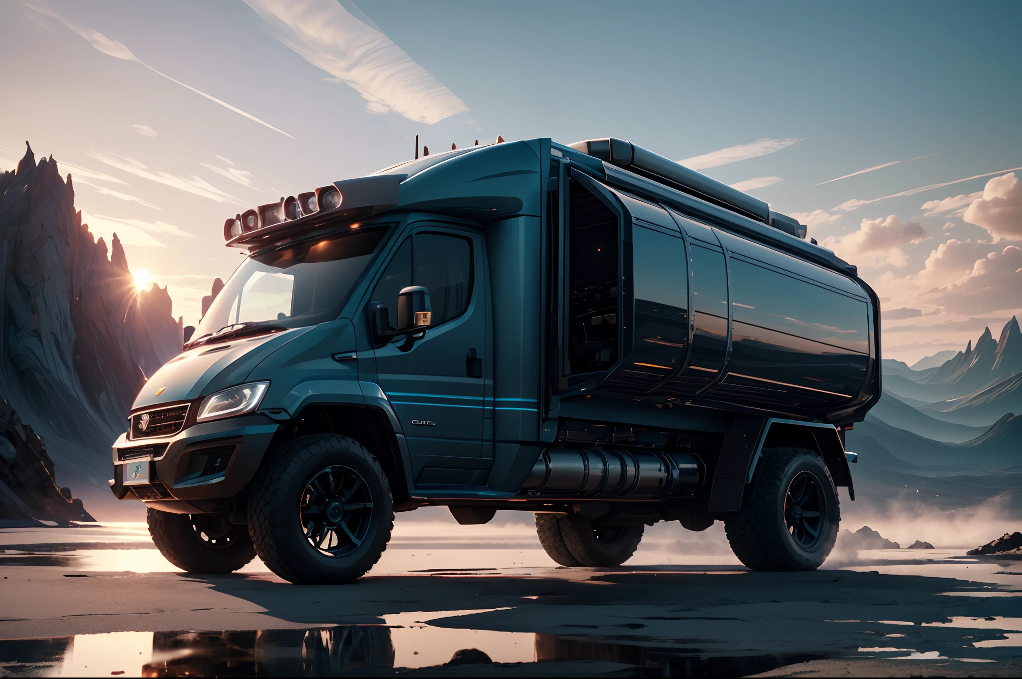 Anti-tech,(Best quality,4K,8K,A high resolution,Masterpiece:1.2),Ultra-detailed,(Realistic,Photorealistic,photo-realistic:1.37),Cessca,High-tech,Sci-fi,Futuristic large truck-style campervan,Amazing high-tech motorhome concept,Unique aesthetics,Seamlessly blends in with the unique aesthetic of Planet Cybertron,metallic luster,streamlined line design,Impressive silhouette,Sparkling surface,glistening body,Large windows,Spectacular panorama,sweeping vista,azure blue water,Fluffy clouds,The vast Salo River of Uyuni,Awe-inspiring reflections in the sky,Engaging reflection,Vivid and breathtaking landscape,Perfect photo opportunity,Gorgeous color scheme,Breathtaking sunset tones