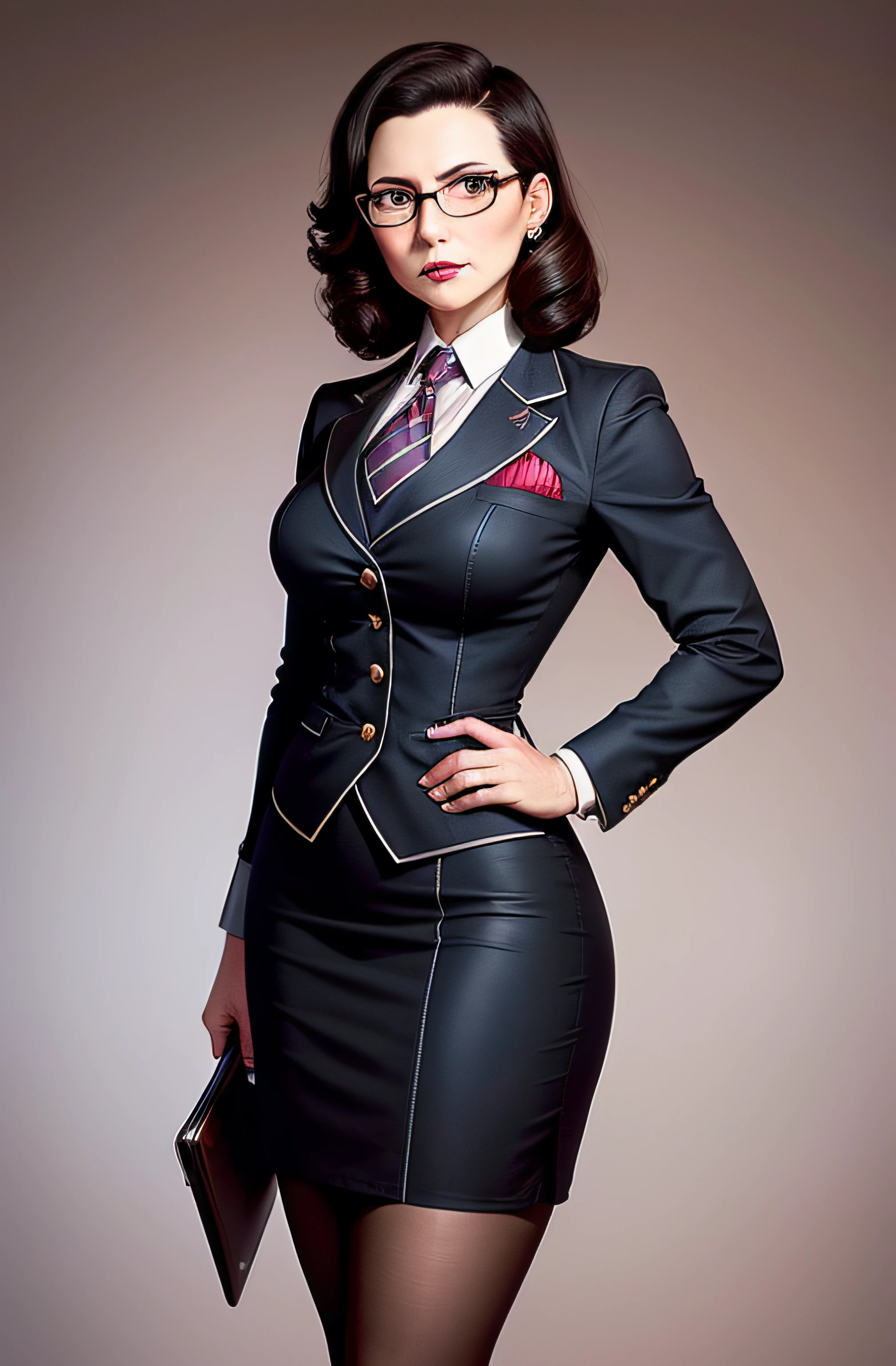 1 woman, elizabeth comstock, smug, superior, skirt suit, (((three-piece suit))), necktie, blazer, suit jacket, waistcoat, double-breasted waistcoat, bodycon skirt, pencil skirt, tie clip, pocket square, pocket watch, pantyhose, high heels, glasses, makeup, lipstick