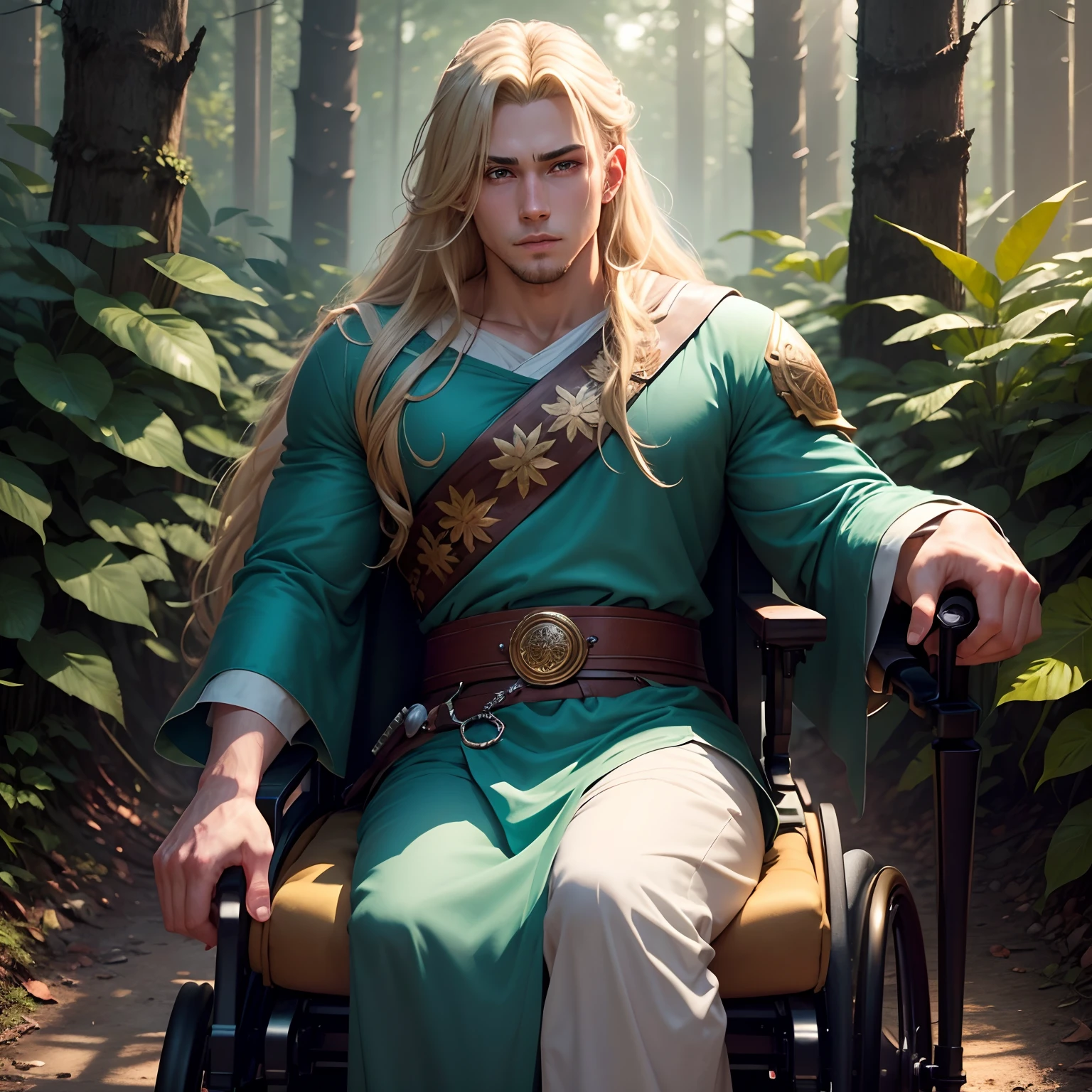 background in the forest, named is Da,1boy, (man), anime, extremely detailed, hyper detailed, (broad shoulders), (PERFECT FACE), illustration, soft lighting, 3d, detailed eyes, blonde hair, long hair, teal eyes, Sit in a wooden wheelchair, wearing is tunic, Holding a Black marbles