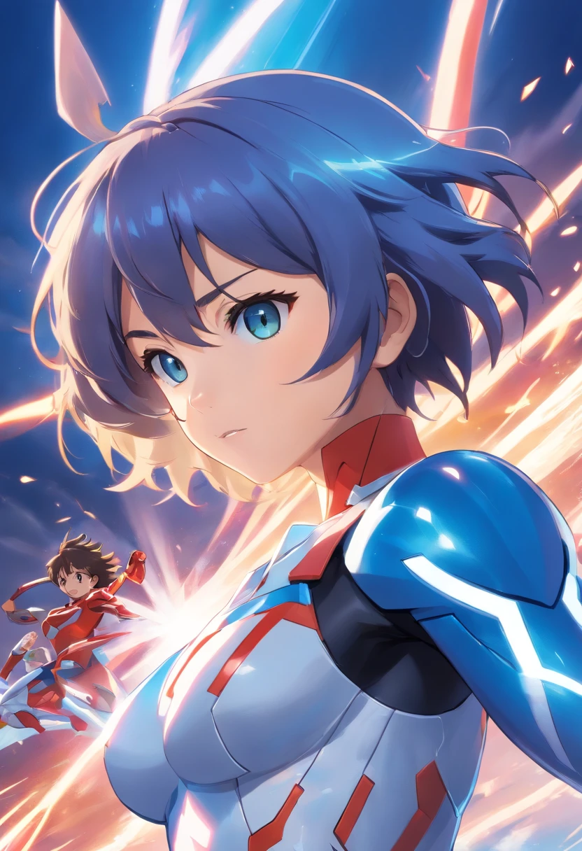 um close up de uma pessoa em um terno branco e azul, Ultraman, ultra hiper-detalhado, imagem detalhada, hero action pose, battle action pose, ultra mega detalhado, full body action pose, corpo inteiroesbian!! Dynamic Action Pose, super super dynamic dynamic pose, corpo detalhado completo, ( figura altamente detalhada ), Anime peito grande, Heroicamente Batalha Posando